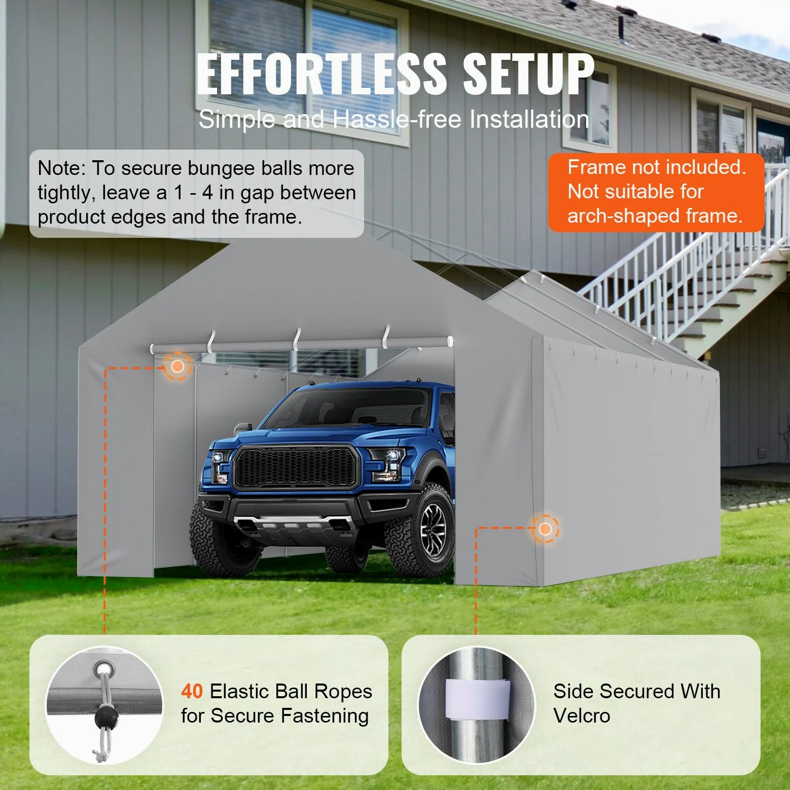 VEVOR Toile d'auvent de rechange pour abri de voiture, 6,1x4 m, bâche de garage paroi latérale, imperméable protégée contre UV, installation facile élastiques à billes, gris (haut et cadre non inclus)