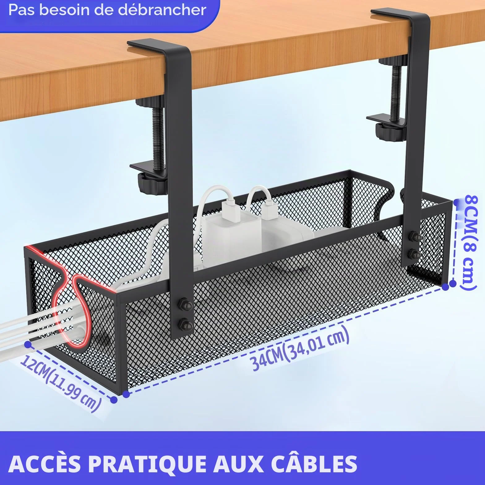 DECOHOME Plateau de Gestion des câbles sous Bureau, Panier de câbles en Maille sans perçage, Organisateur de Fils