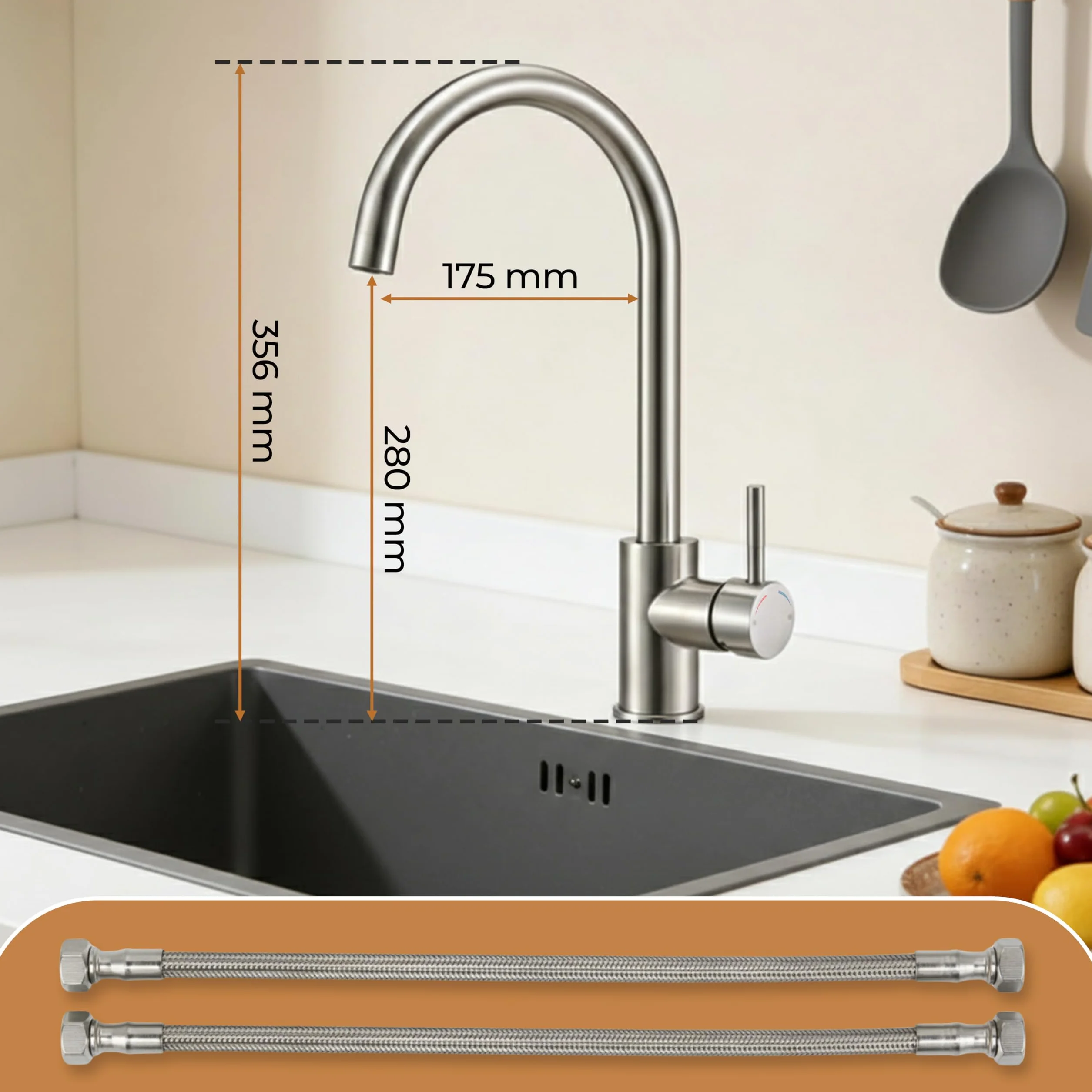 MELTA Mitigeur Évier Arc Élevé Acier Inoxydable Robinet Cuisine Pivotant 360° Levier Unique Chrome Poli