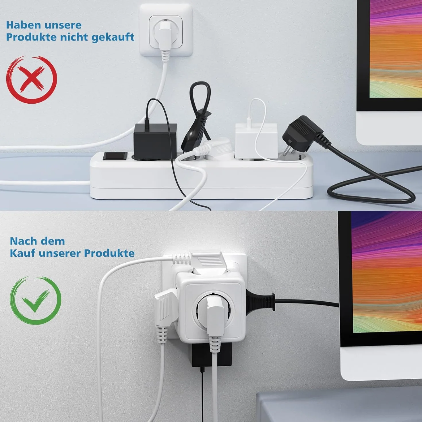 Prise cubique 5 en 1, multiprise murale 3680W, 5 prises frontales avec terre, adaptateur cube gris