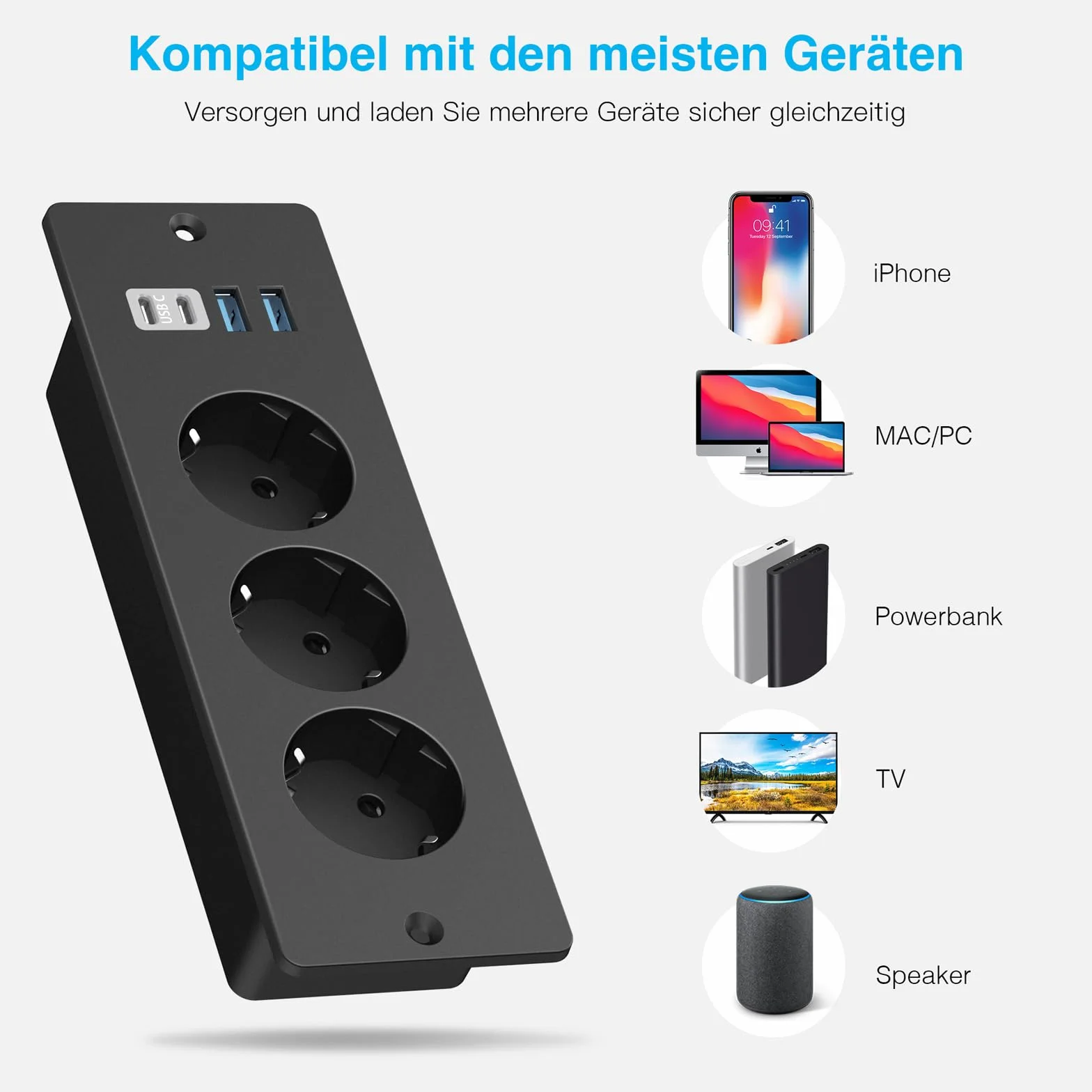Prise Encastrable de Table 3 Prises 2 USB-A 2 Type-C Câble 2m Noir