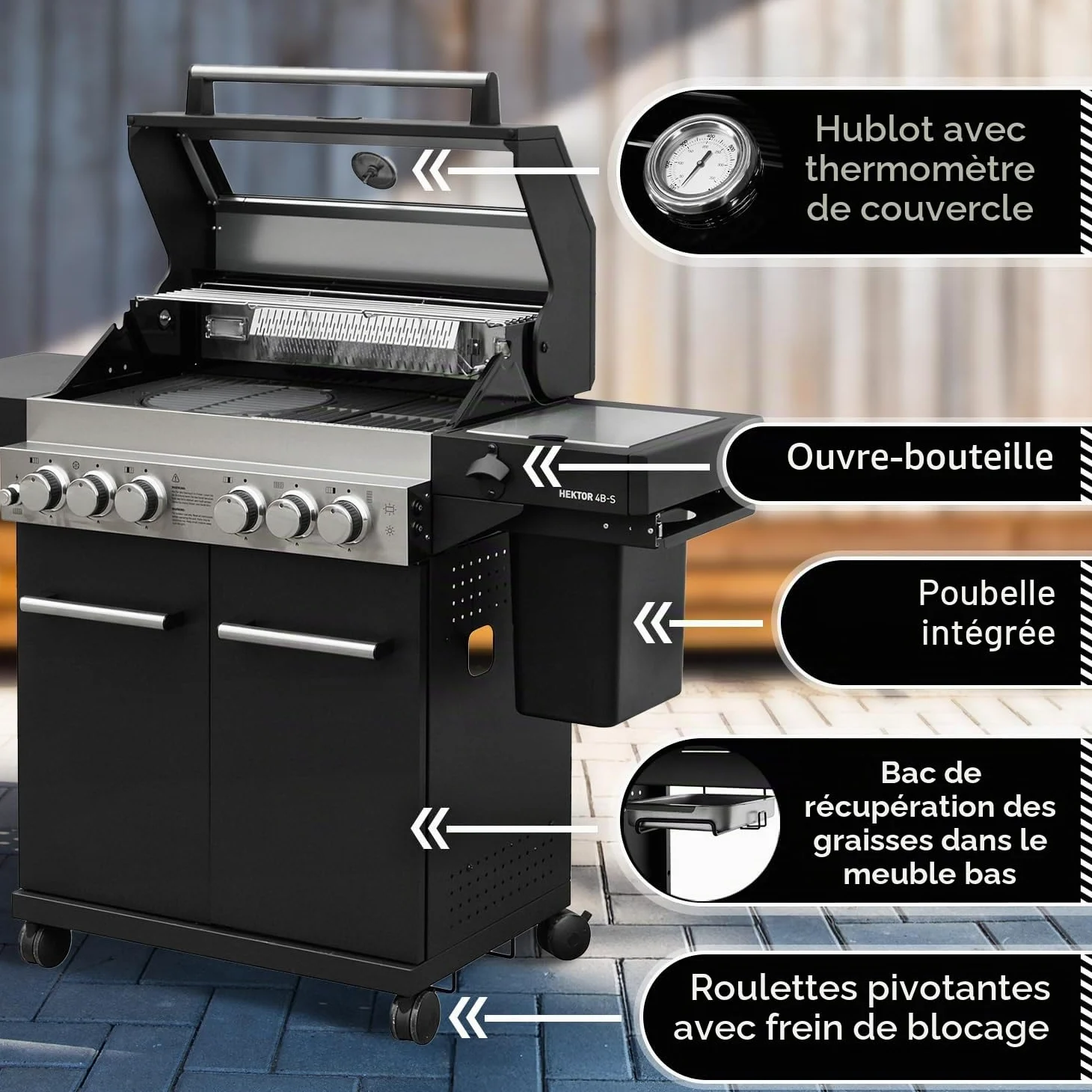 Barbecue à gaz Feuergott Hector 4B-S avec broche rotative et housse de protection avec 4 brûleurs, brûleur Sear, grille en fonte, brûleur arrière, réchaud latéral, fenêtre de visualisation et