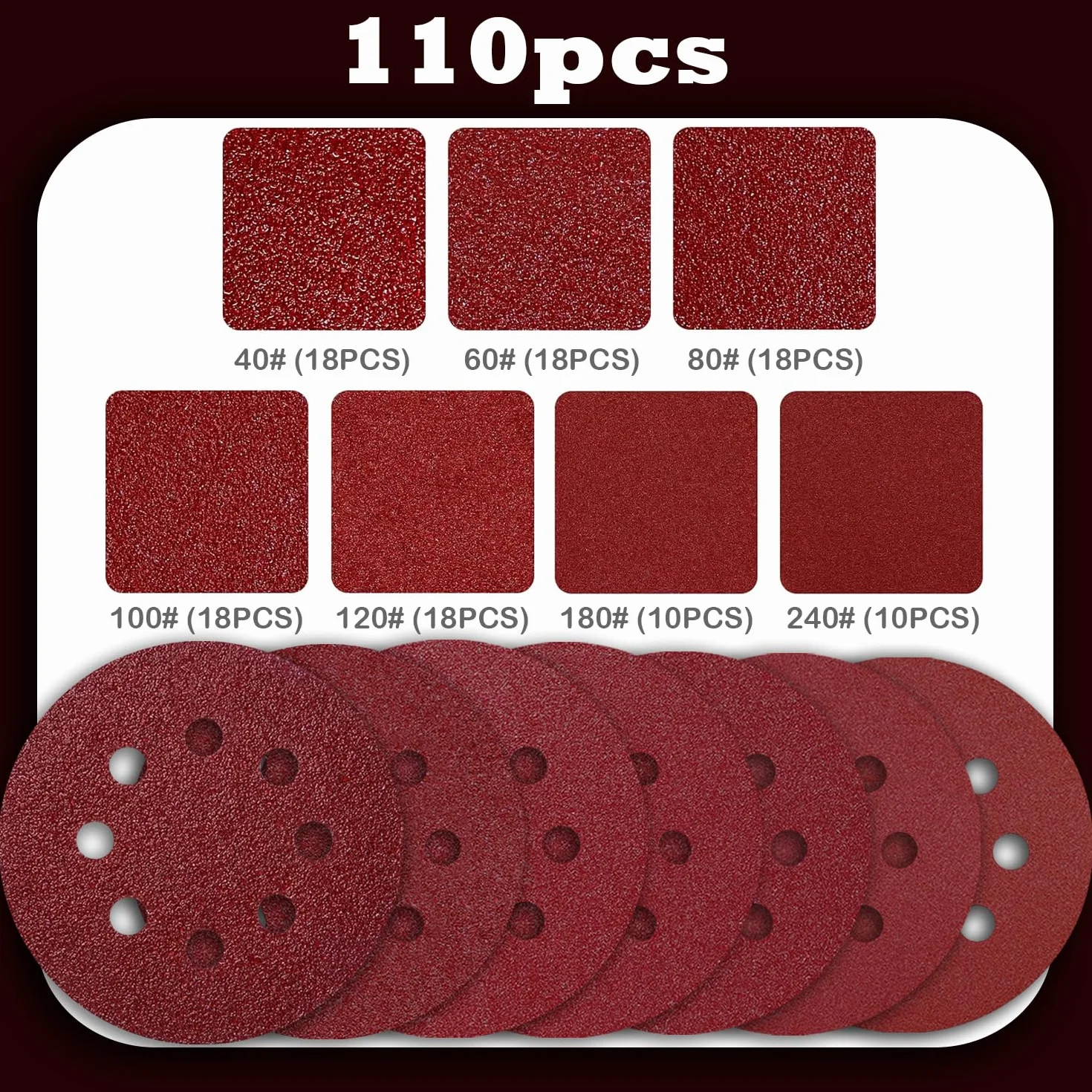 Disque Abrasif 125mm 110Pcs Papier Abrasif Rond 8 Trous Ponceuse Excentrique