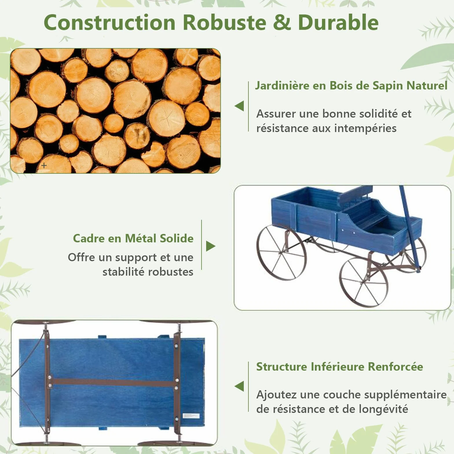 Jardinière Forme Brouette GOPLUS en Bois avec Roues Métal 4 Roues 2 Bacs Plantation 15kg 35x62,5x60cm Bleu