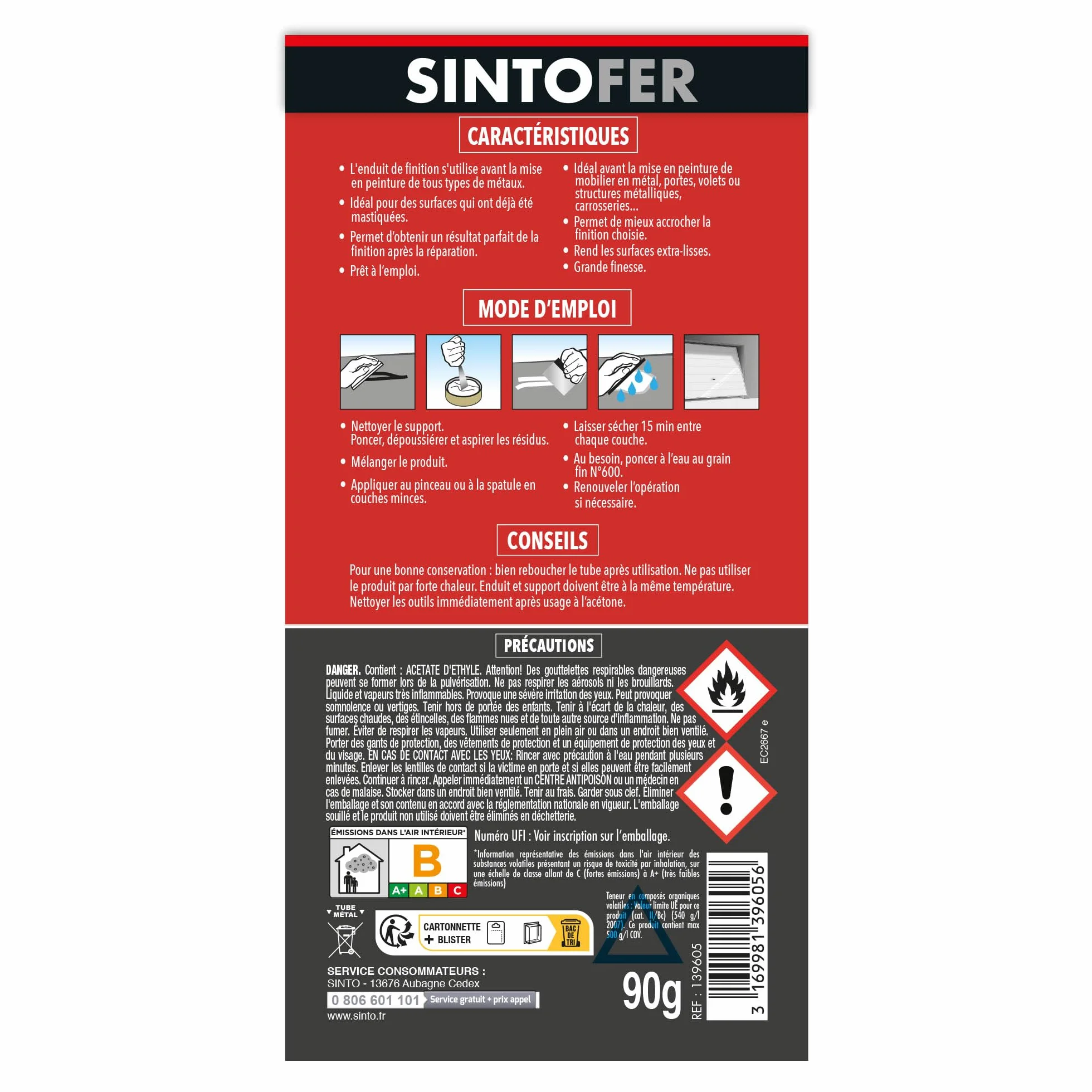 SINTO Enduit de Finition Métal 90g - Prépare le Support, Comble les Micro Aspérités, Séchage Rapide