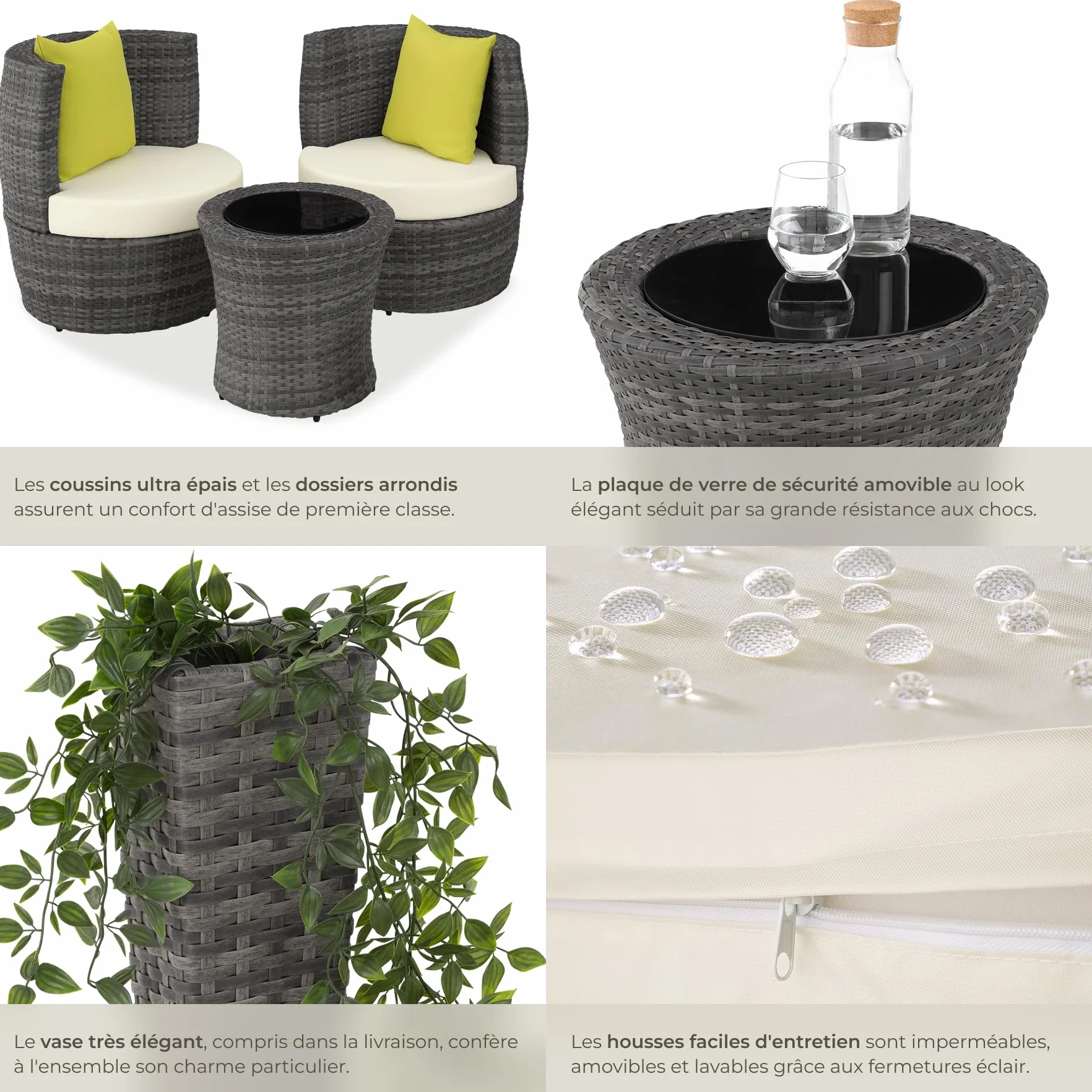 Ensemble Salon de Jardin Aluminium Poly Rotin 2 Personnes Fauteuil Table Coussins Pot de Fleur Inclus