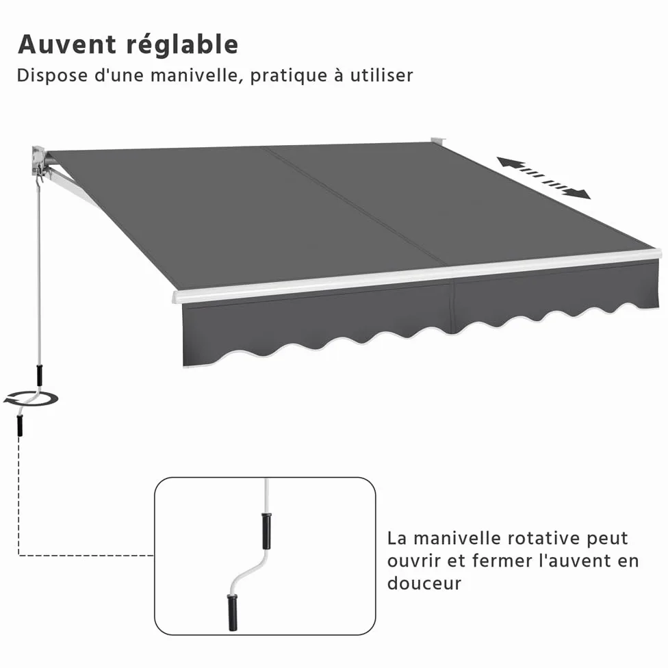 Yaheetech Auvent Rétractable de Contrôle Manuel 250 x 200 cm avec Protection Solaire Réglable pour Balcon, Terrasse, Café, Restaurant - Gris Foncé