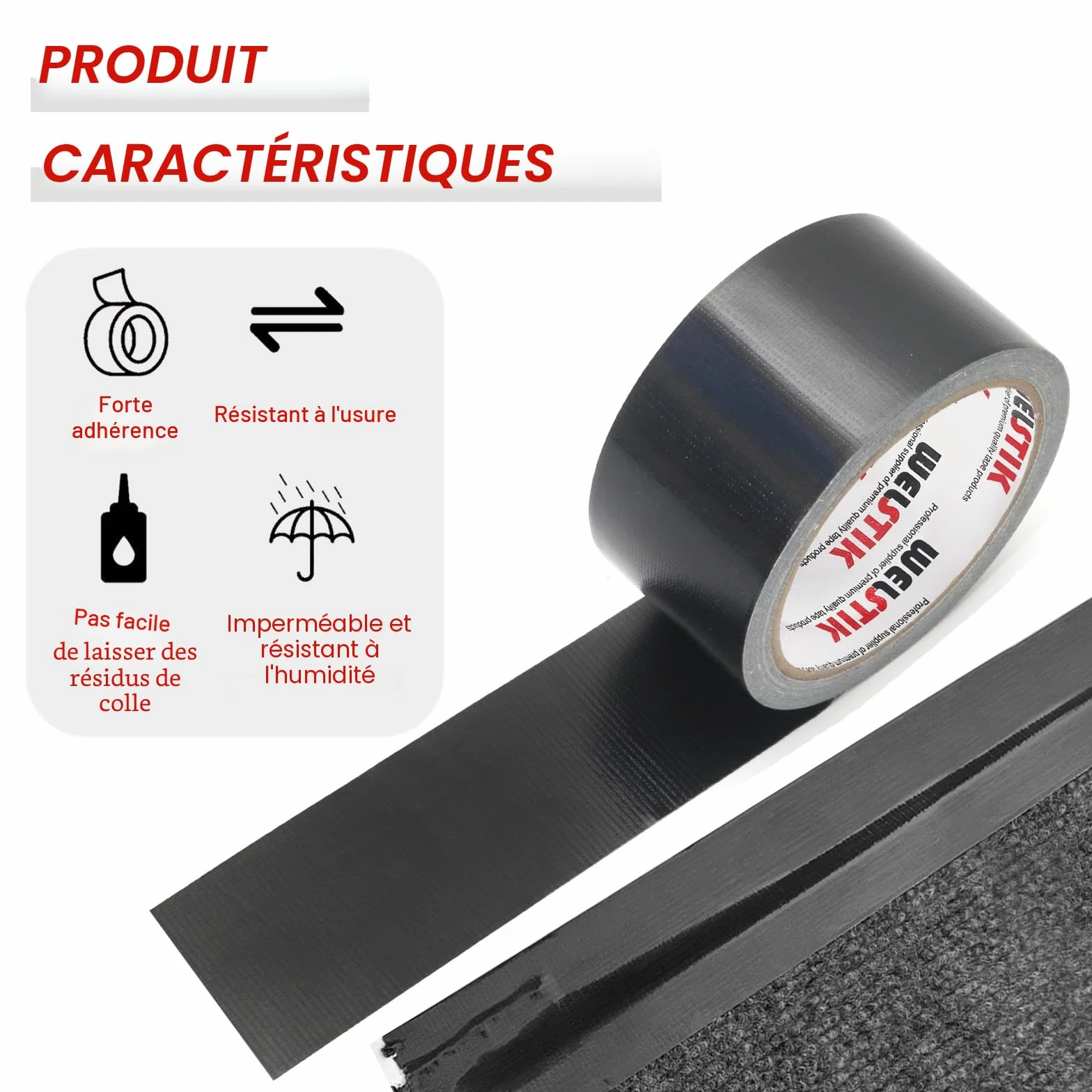 WELSTIK Ruban adhésif imperméable 48 mm x 27 m noir 3 pièces