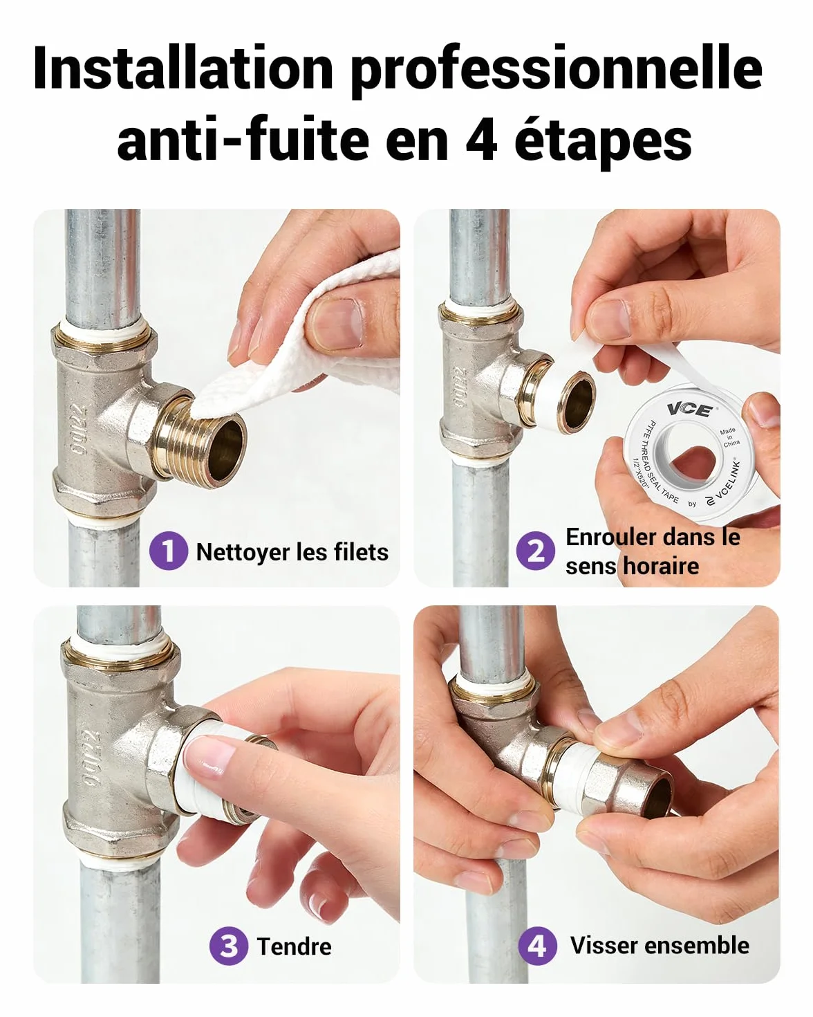 VCELINK Ruban d'Étanchéité PTFE 12mm x 13m Lot de 6 Rouleaux Blanc