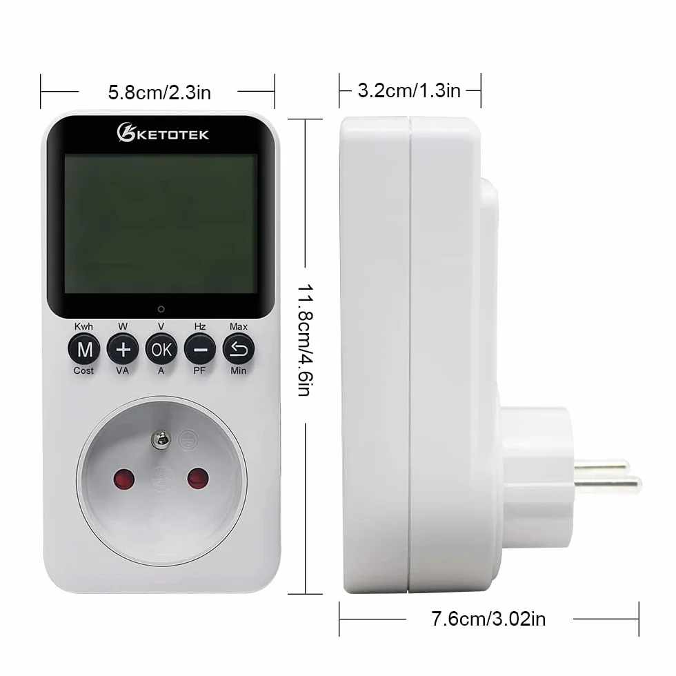 KETOTEK Wattmètre Prise Compteur d'Énergie, Écran LCD Rétroéclairé, Protection Contre Les Surcharges 3680W