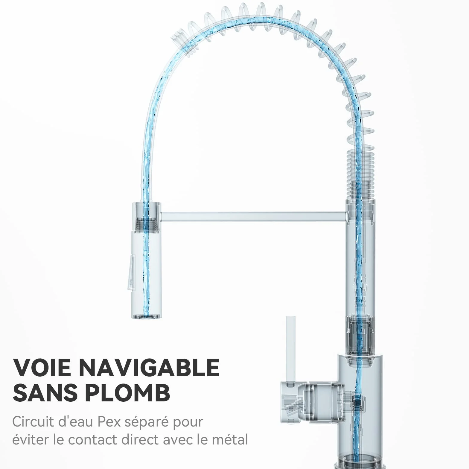 CECIPA Robinet Cuisine Mitigeur Avec Douchette Extractible, Acier Inoxydable Brossé, Arc Élevé Rotatif 360°