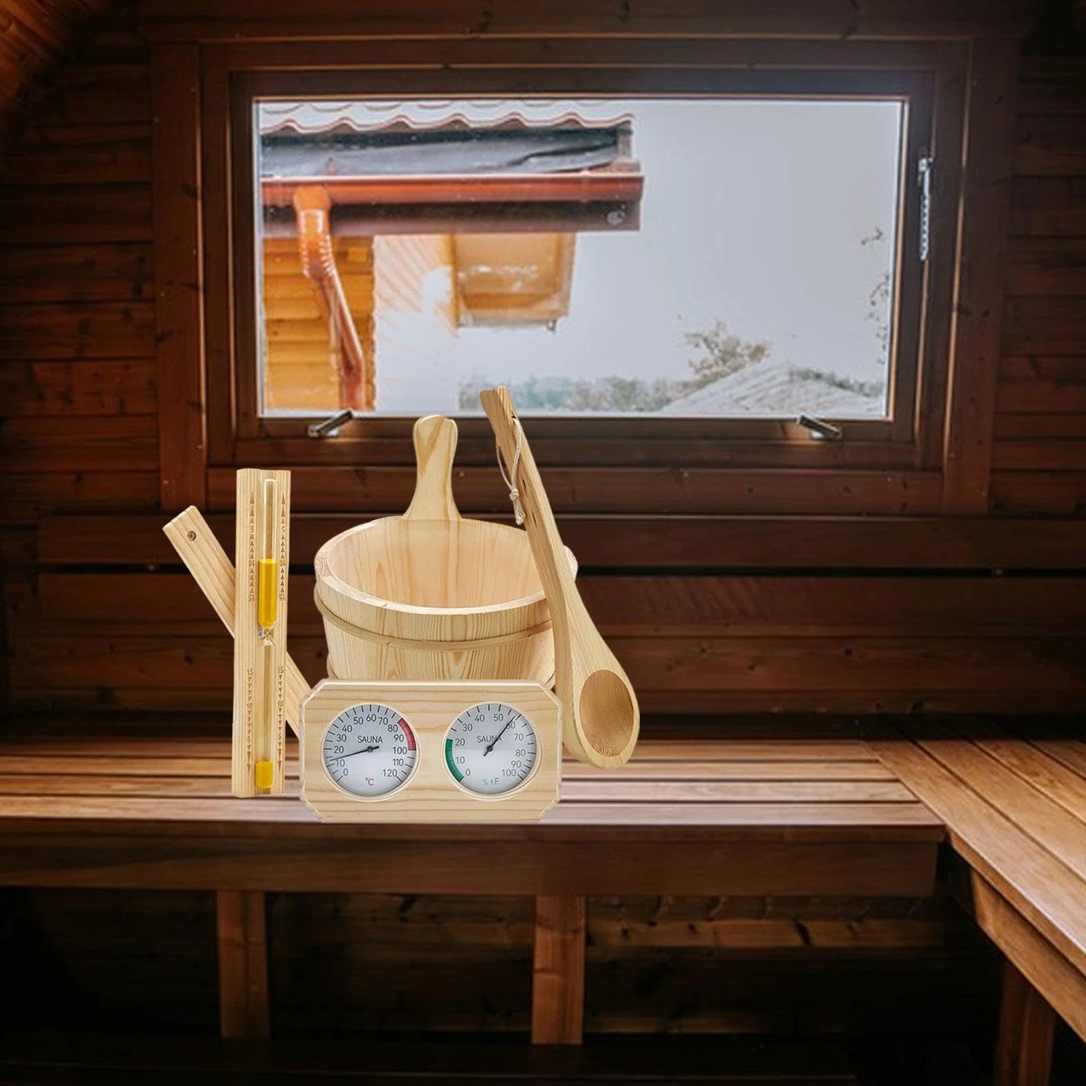 MagiDeal Kit Accessoires Sauna, Seau 4 L avec Poignée, Thermomètre Hygromètre, Louche, Sablier, Bois de Pin