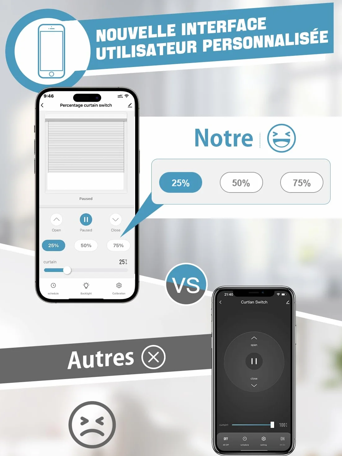 Interrupteur Volet Roulant Connecté Tactile Compatible Alexa/Google Home/Smart Life, Contrôle de Pourcentage et Commande Vocale (Fil Neutre Requis)