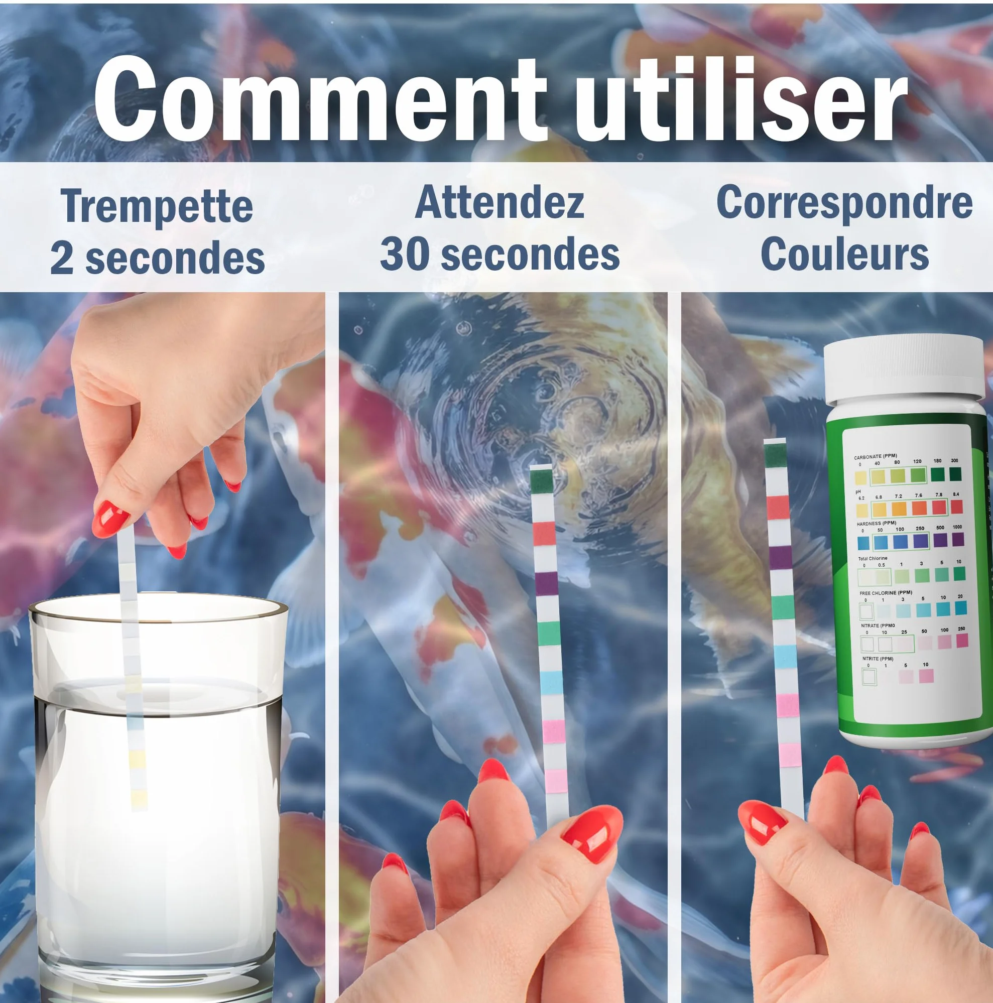 Bandelettes de test 7 en 1 pour bassin – Kit de test précis pour le pH, les nitrates, les nitrites, les carbonates, la dureté, le chlore total et libre – Pour bassins – 50 bandelettes
