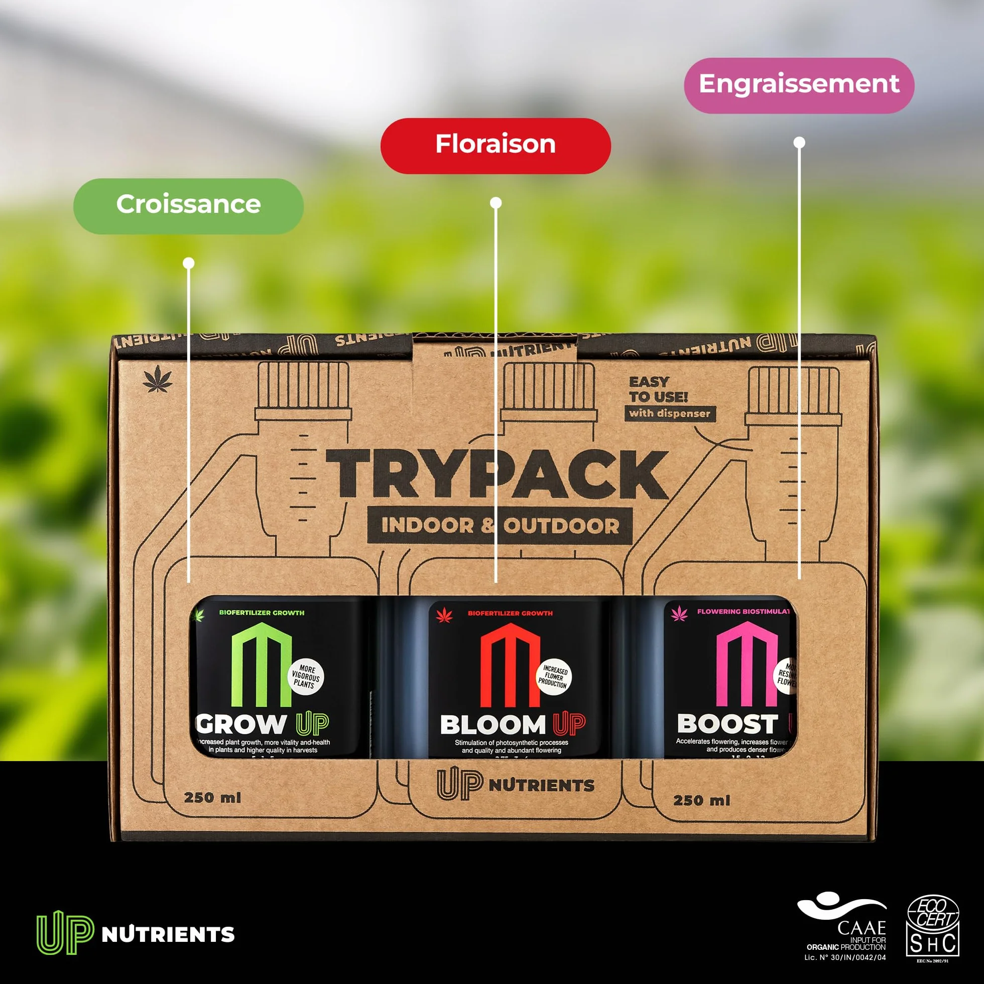 UP NUTRIENTS Trypack Engrais Grow, Bloom & Boost 250 ml | Engrais 100% biologique pour culture en intérieur & extérieur | Enracinement, Croissance et Floraison | Stimulant fleurs et plantes (250 ML)