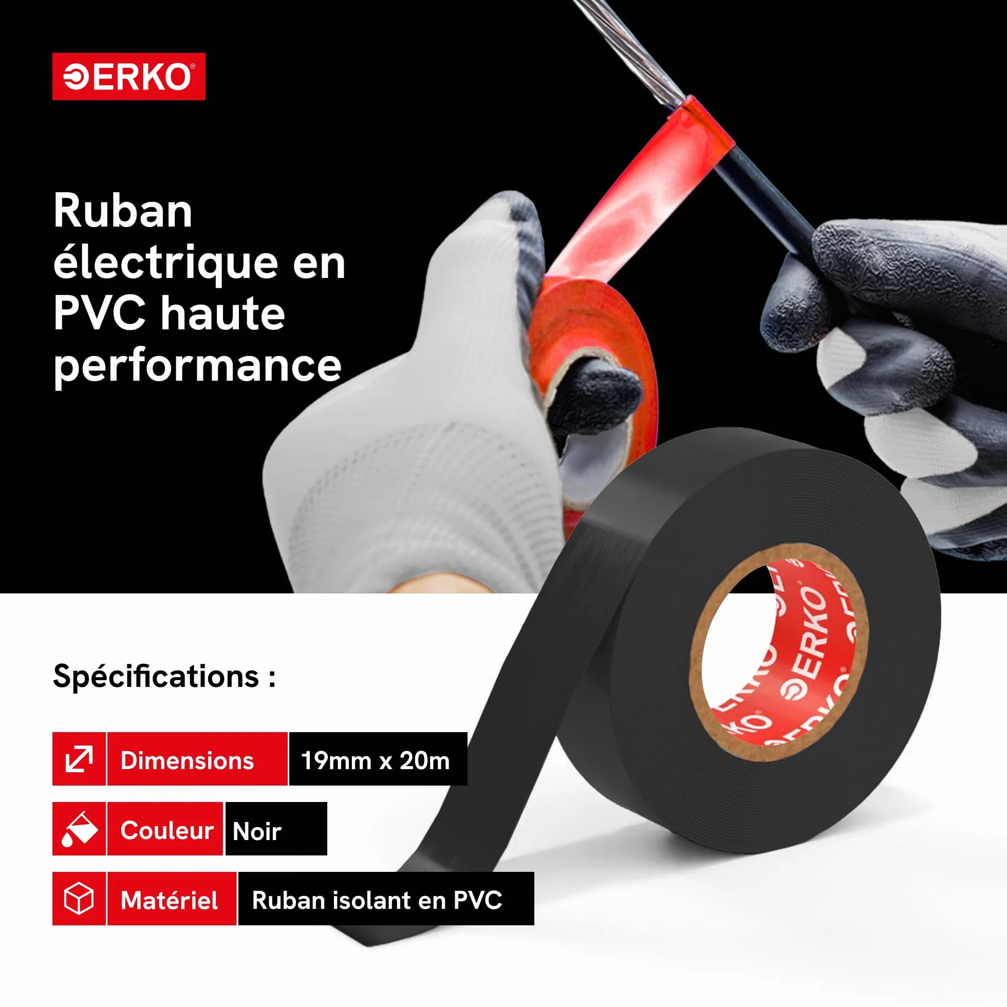 ERKO Ruban adhésif isolant électrique Noir 19mm x 20m PVC