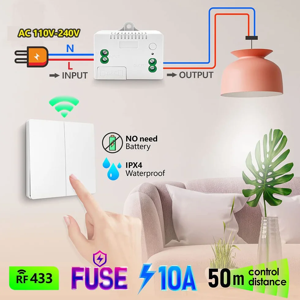 DieseRC interrupteur sans fil sans pile, radiocommande mural et récepteur relais 10A avec fusible
