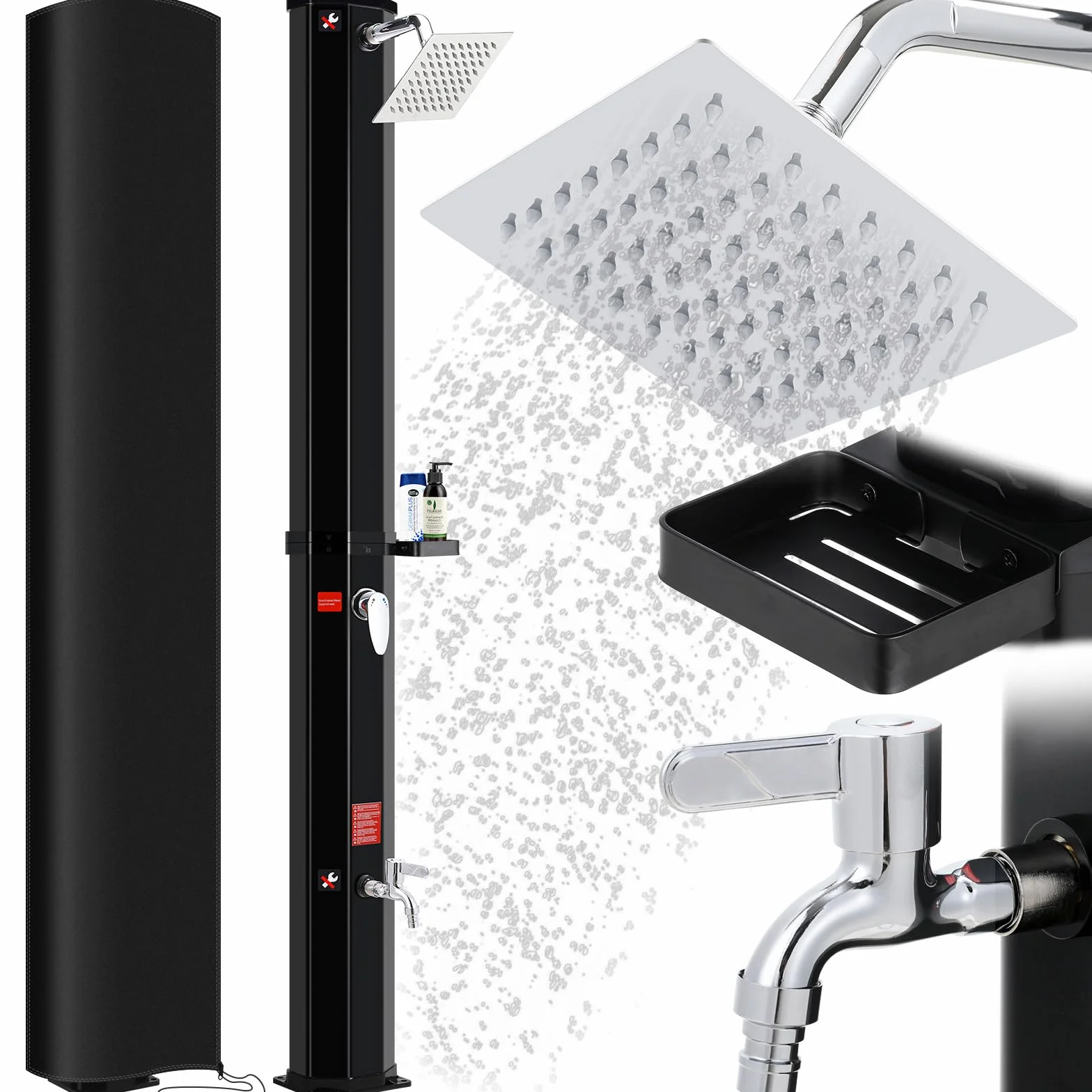 Douche Solaire 60L avec Pommeau et Robinet, Jusqu'à 60° sans Raccordement Électrique pour Piscine