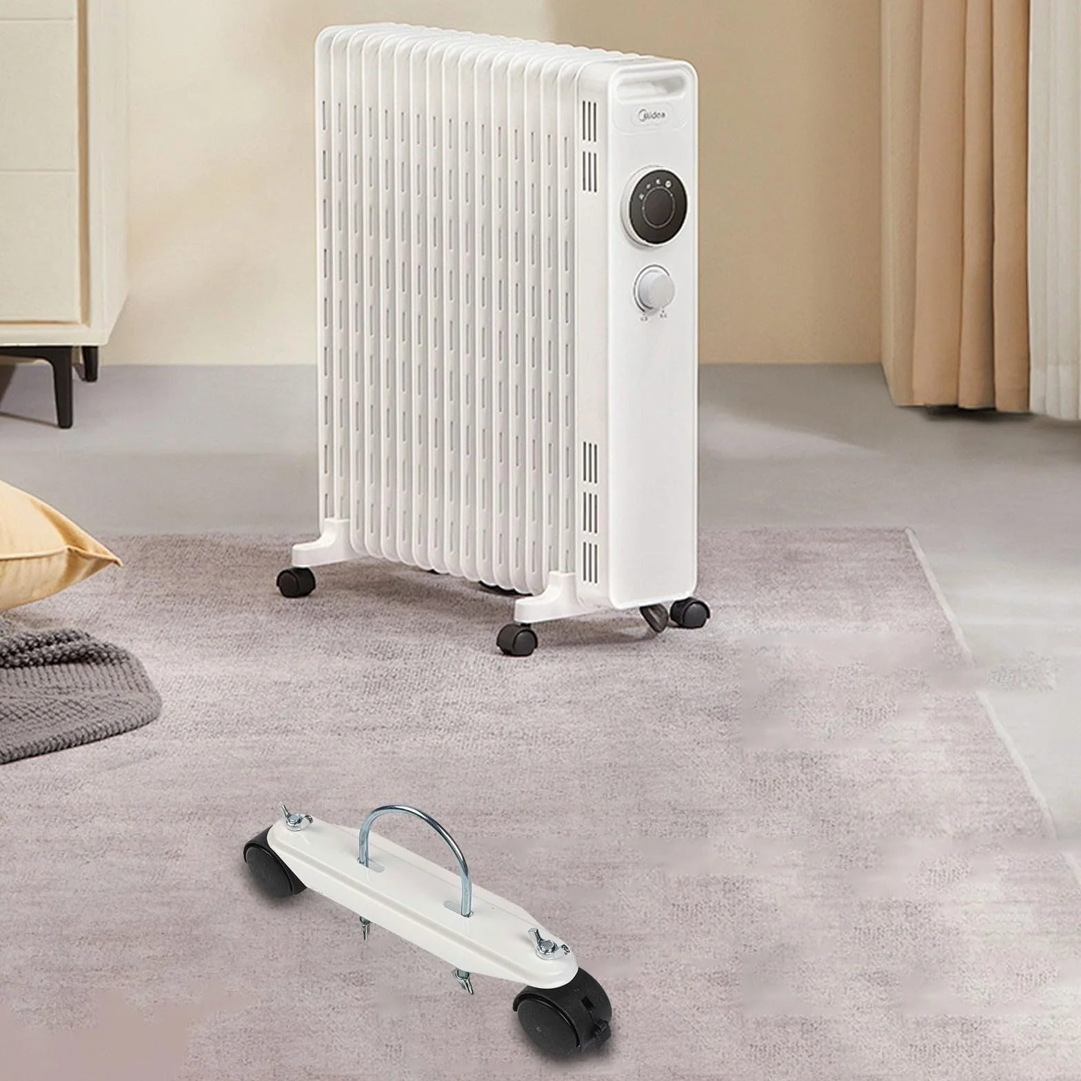 Lot de 2 supports de chauffage électrique avec roues rotatives à 360°, support radiateur en acier au carbone