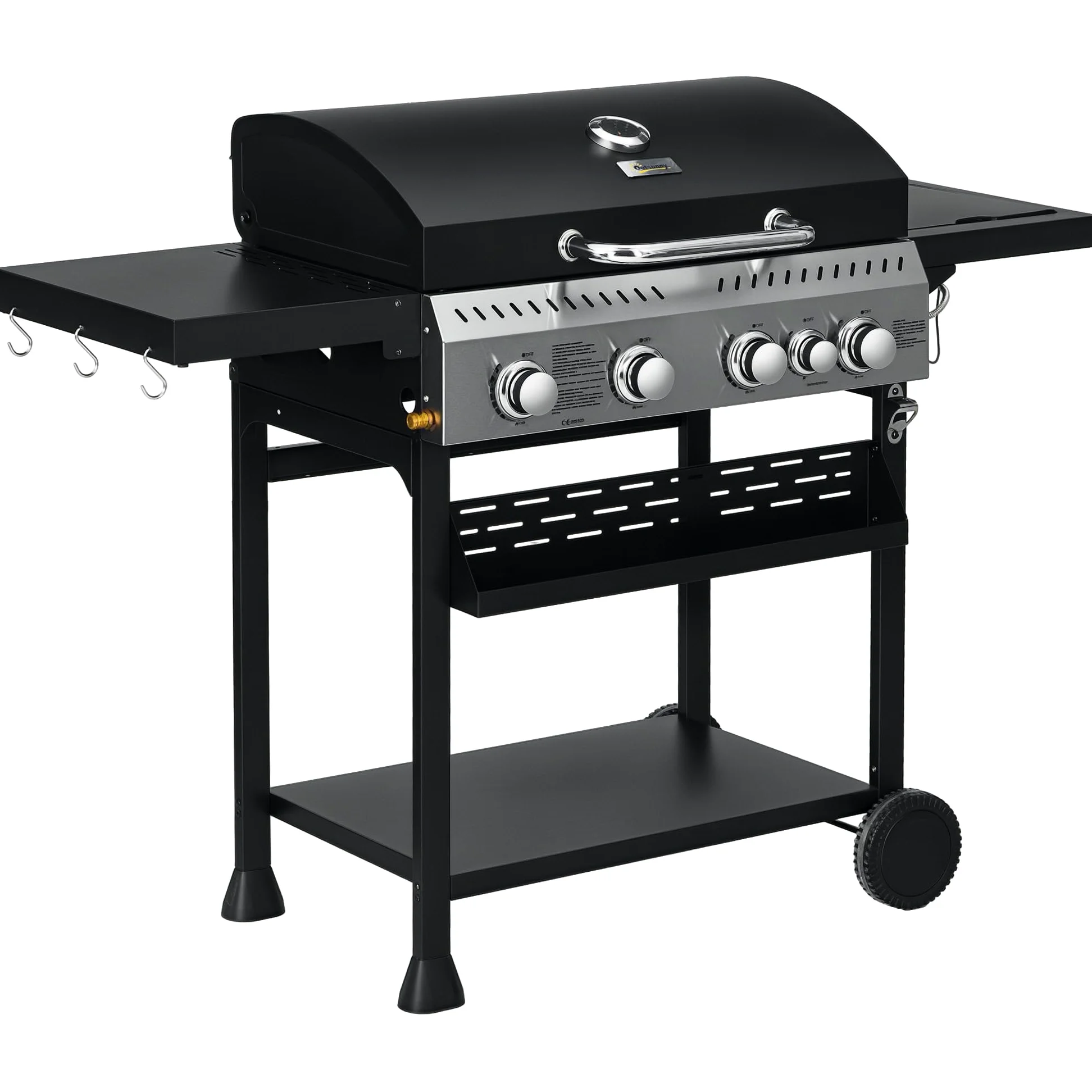 Outsunny Barbecue à gaz 4+1, barbecue au gaz propane 12,5 kW chariot de BBQ avec roulettes, grille chauffante, étagères, thermomètre, décapsuleur, noir