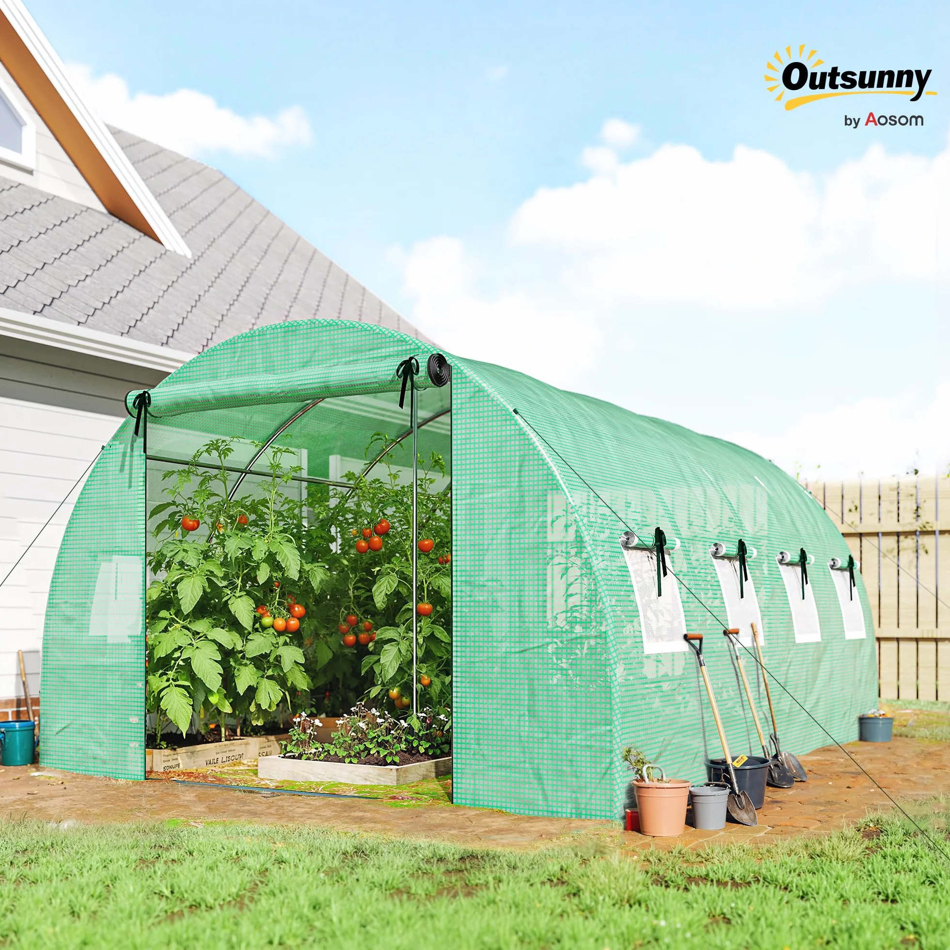 Outsunny Serre Tunnel de Jardin 12m², Serre de Jardin Tunnel 295x400x200cm avec Cadre en Acier galvanisé, 2 Portes et 8 fenêtres avec moustiquaires pour extérieur bâche PE Haute densité 140 g/m² Vert