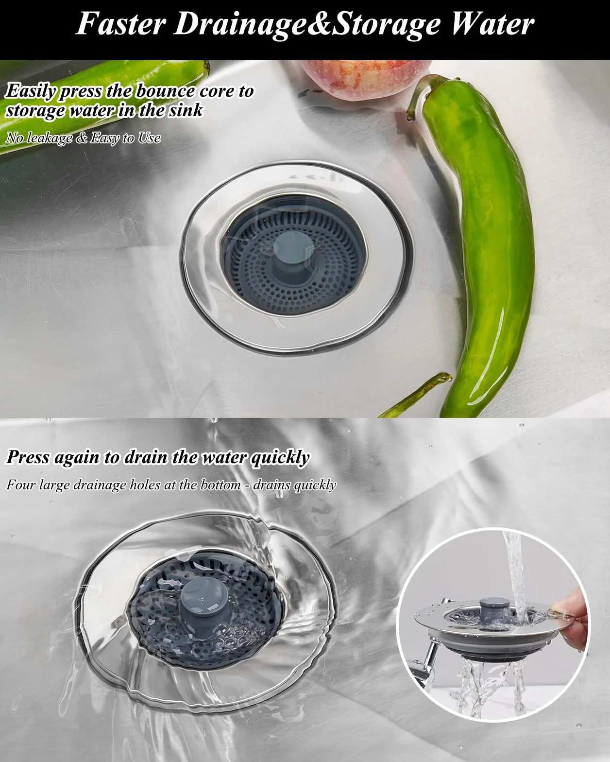 Hibbent Évier de Cuisine Passoire et Bouchon 3 en 1 Acier Inoxydable Anti-colmatage 70-86mm