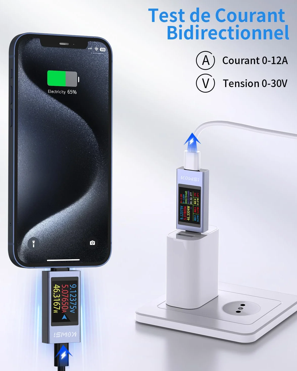 Testeur USB C Meter Tension 4-30V 0-12A Type C Multimètre Numérique Wattmètre Voltmètre Ampèremètre