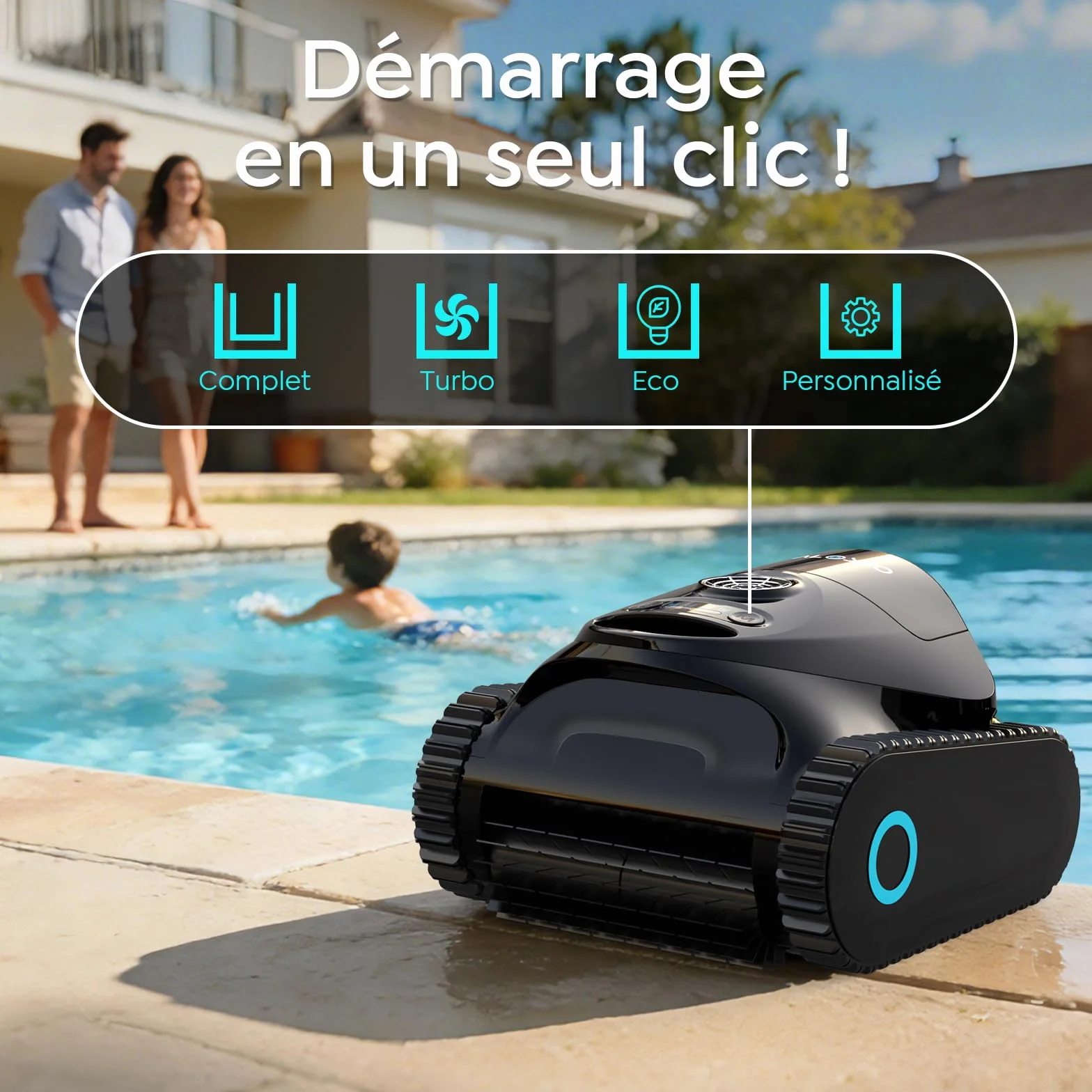 Robot Piscine sans Fil C1 Fond et Parois, Double Filtre, 7 Modes, 180 Min Autonomie, 150 m²