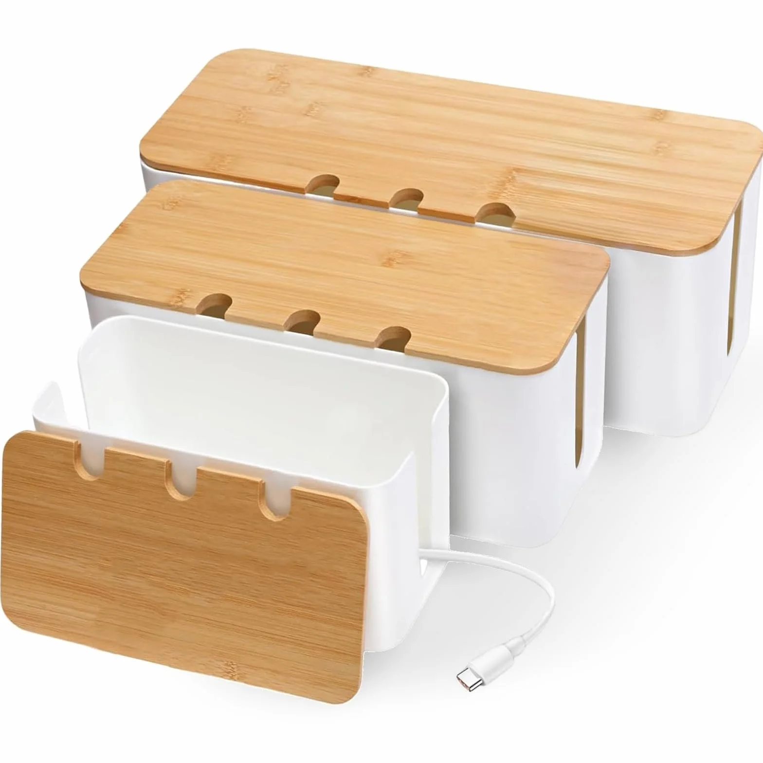 Boite Rangement Cable 3 Pièces avec Couvercle Bois Perforé, Cache Multiprise Electrique Blanc
