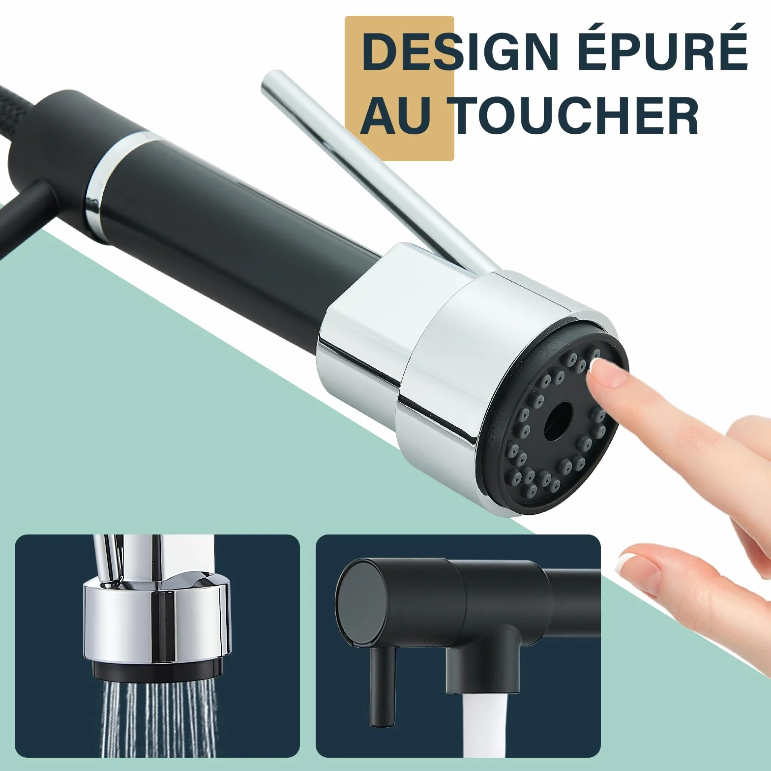 Robinet de Cuisine Noir Mitigeur Deux Jets Douchette Flexible Pivotante Rétractable Bec Haut Arc Élevé Rotatif 360°