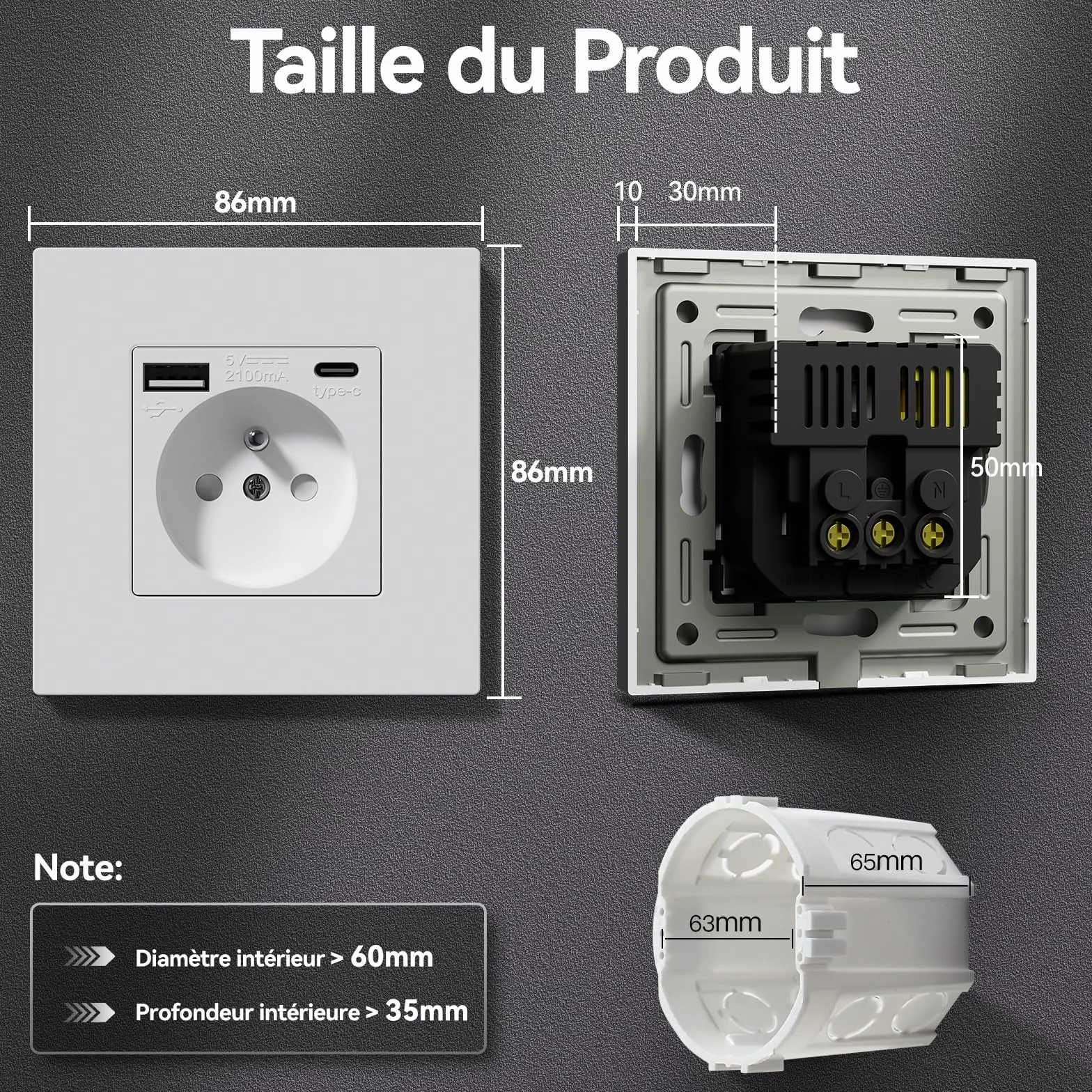 BSEED Prise Electrique USB Type C Murale Panneau Plastique 16A 240V 86mm Blanc