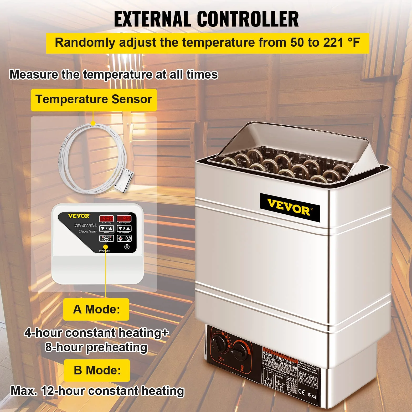 FlowerW Poêle pour sauna électrique 9 kW 380-415 V avec commande externe et capteur 3M