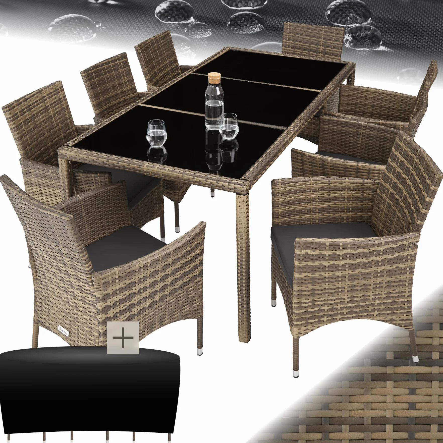 Tectake Salon de Jardin Poly Rotin Table 8 Fauteuils Chaises Housse Protection Marron Naturel Gris Foncé