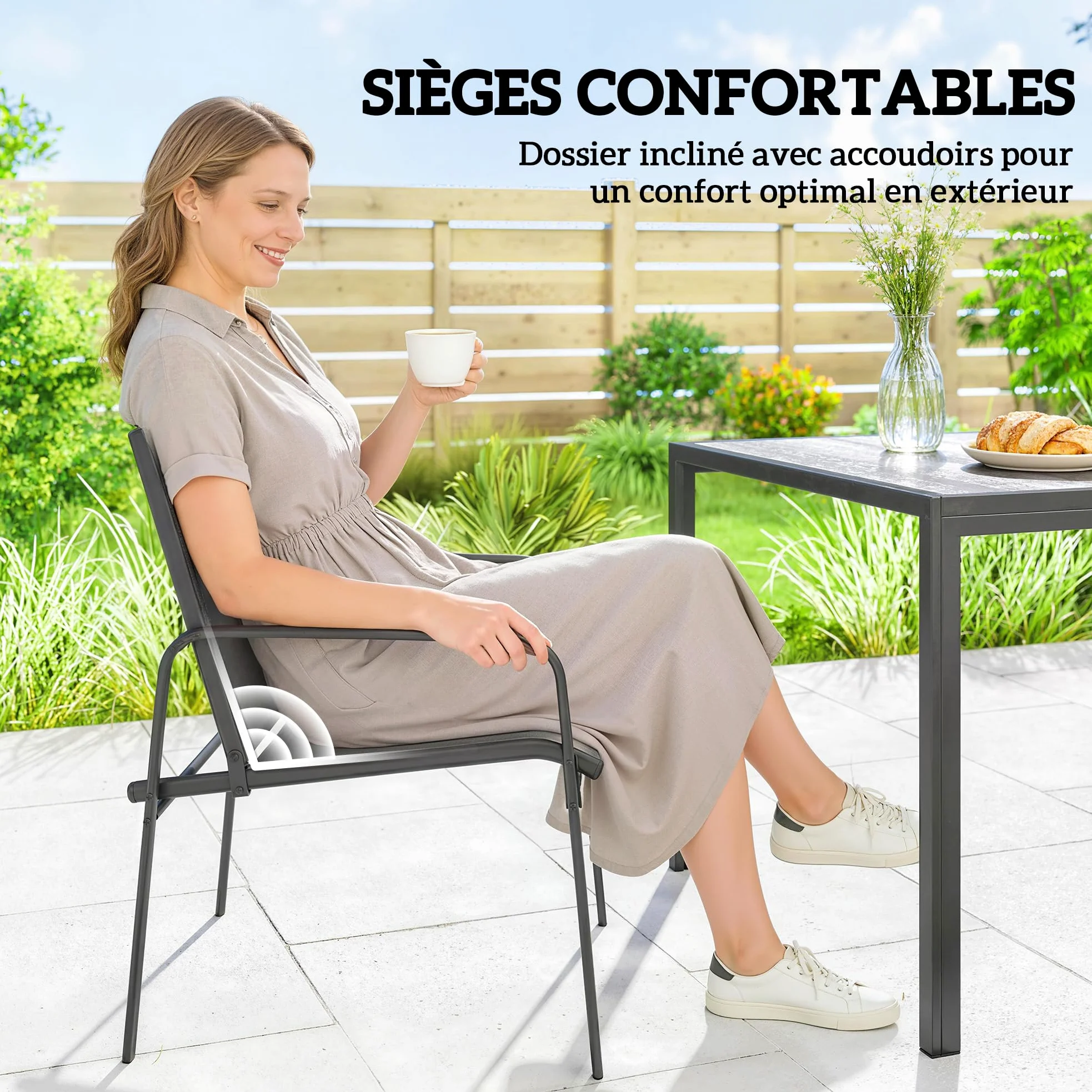 Outsunny Ensemble de Salle à Manger Extérieur 7 Pièces pour 6 Personnes, Table de Patio Effet Bois et Chaises avec Assise en Maille Respirante, Mobilier de Jardin avec Cadre en Acier Galvanisé, Noir