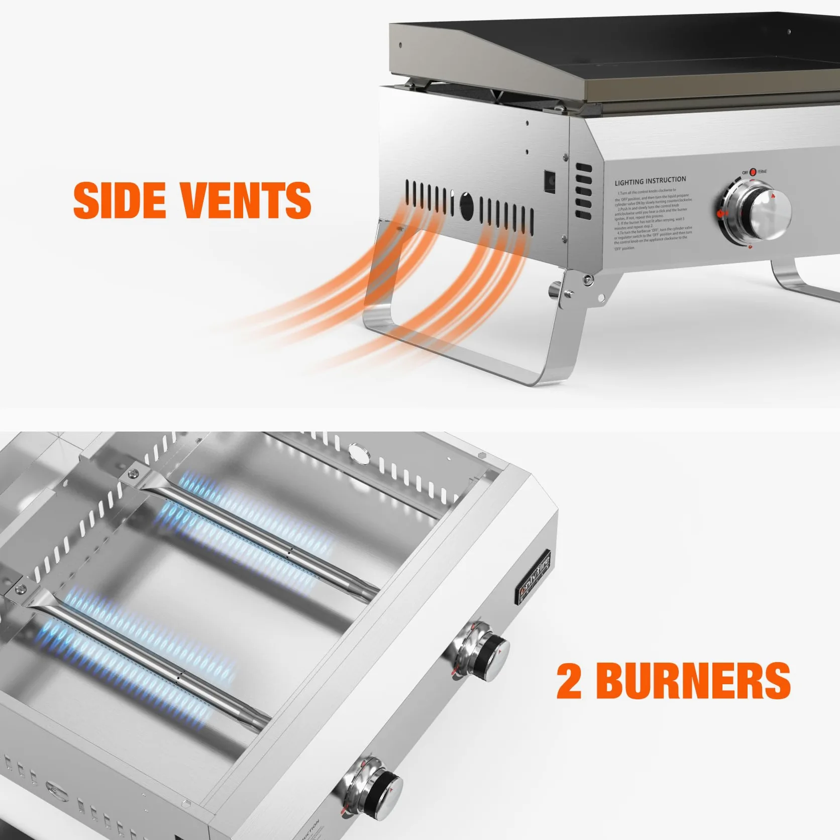 onlyfire Plancha à Gaz de Table en INOX, Barbecue Gaz avec 2 Brûleurs 4.7kW, Plancha 46x36cm avec Revêtement en Céramique Antiadhésif, Pieds Pliables pour Terrasse, Balcon et Camping