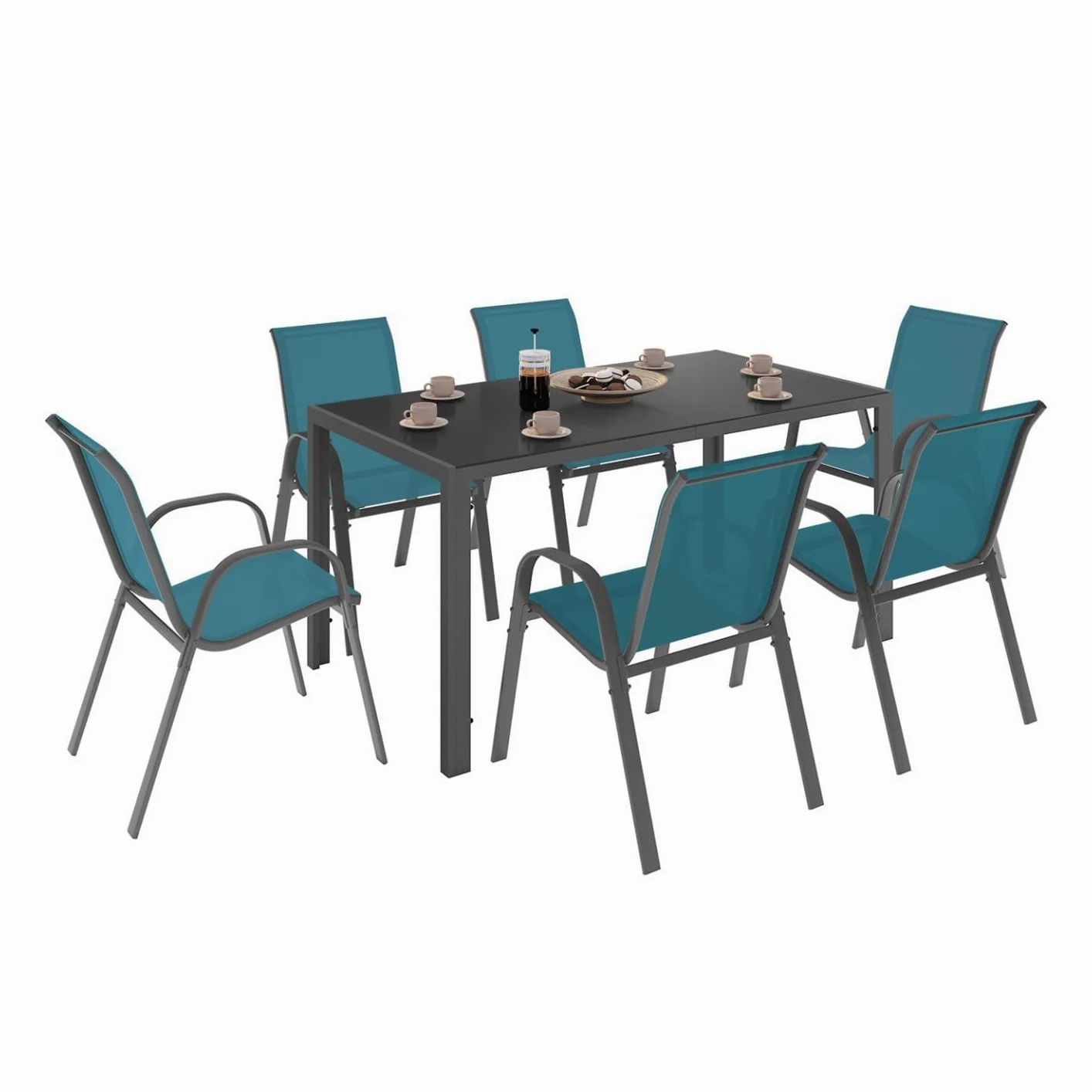 IDMarket - Salon de Jardin Madrid Table 150 CM et 6 chaises empilables Bleu Canard