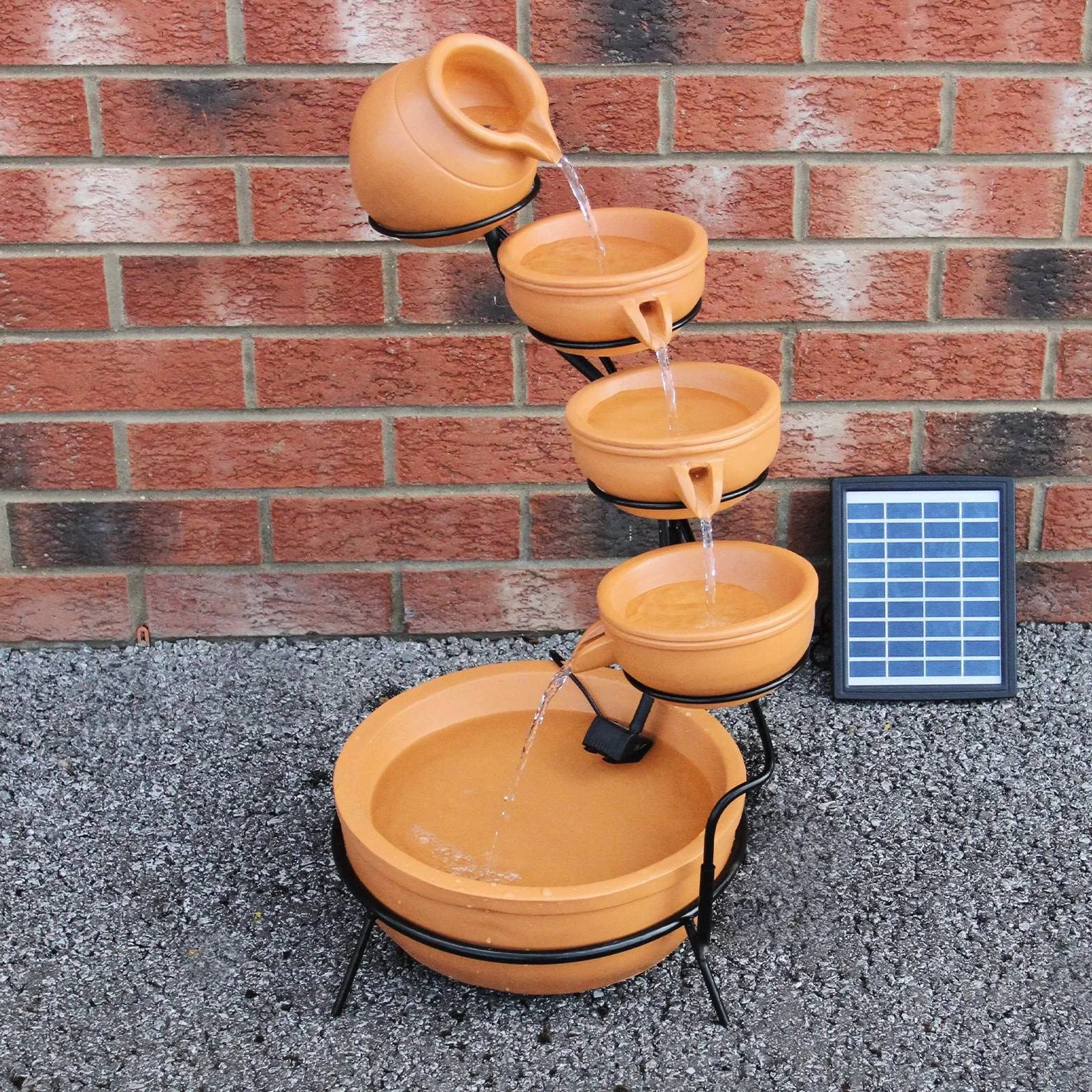 Fontaine Solaire en Cascade de jardin extérieure Terracotta - 4 Niveaux - Décoration Extérieure Jardin Terrasse Abreuvoir - Batterie de 6H Sans Soleil [Piquet de Terre avec Panneau Solaire INCLUS]