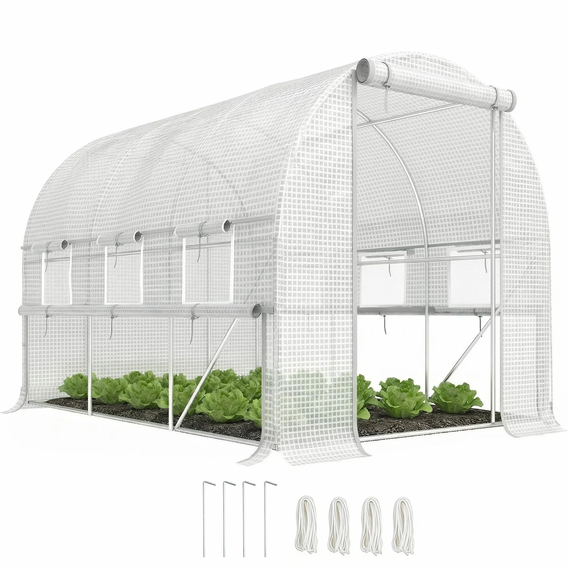 Outsunny Serre de Jardin Tunnel, Serre Tunnel 6 m² avec 6 fenêtres et 1 Porte Enroulable, Toile PE Structure en Acier galvanisé, Blanc