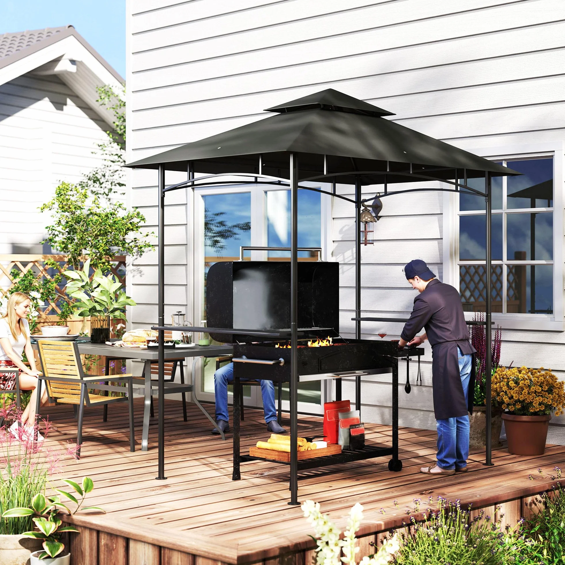Outsunny Pavillon de barbecue avec LED 240 x 150 x 258 cm hydrofuge ignifuge toit double couche étagères latérales protection UV