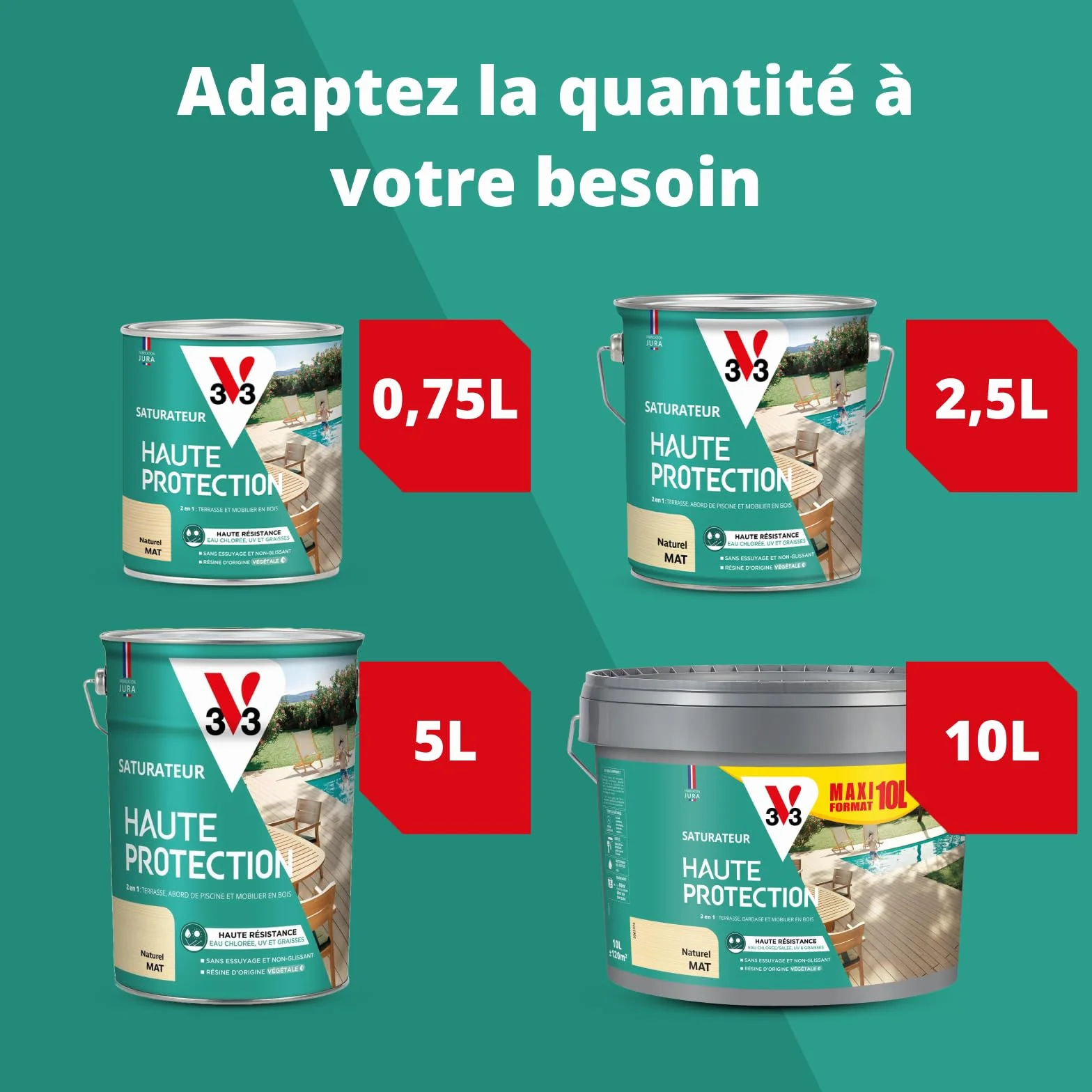 V33 Saturateur bois extérieur Naturel mat 5L - Haute résistance eau chlorée, UV et graisse - Sans essuyage et non glissant