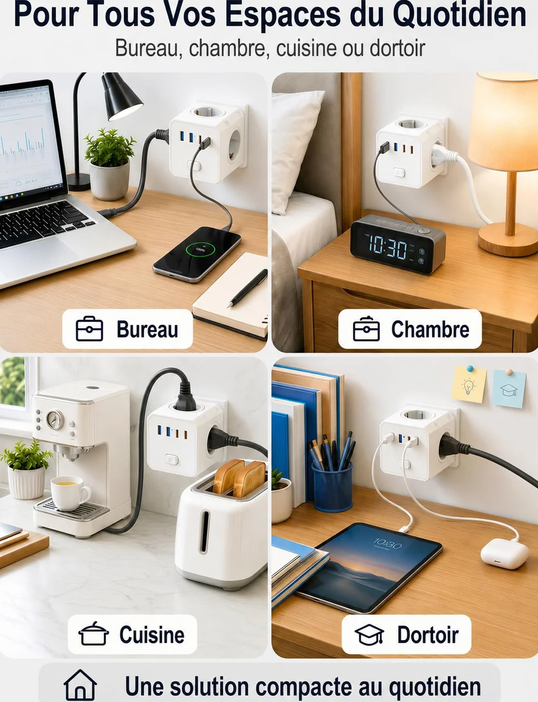 BURNNOVE Multiprise Murale USB C 8 en 1 4 Prises AC 2 USB-A 2 USB-C Interrupteur 16A 4000W Blanc