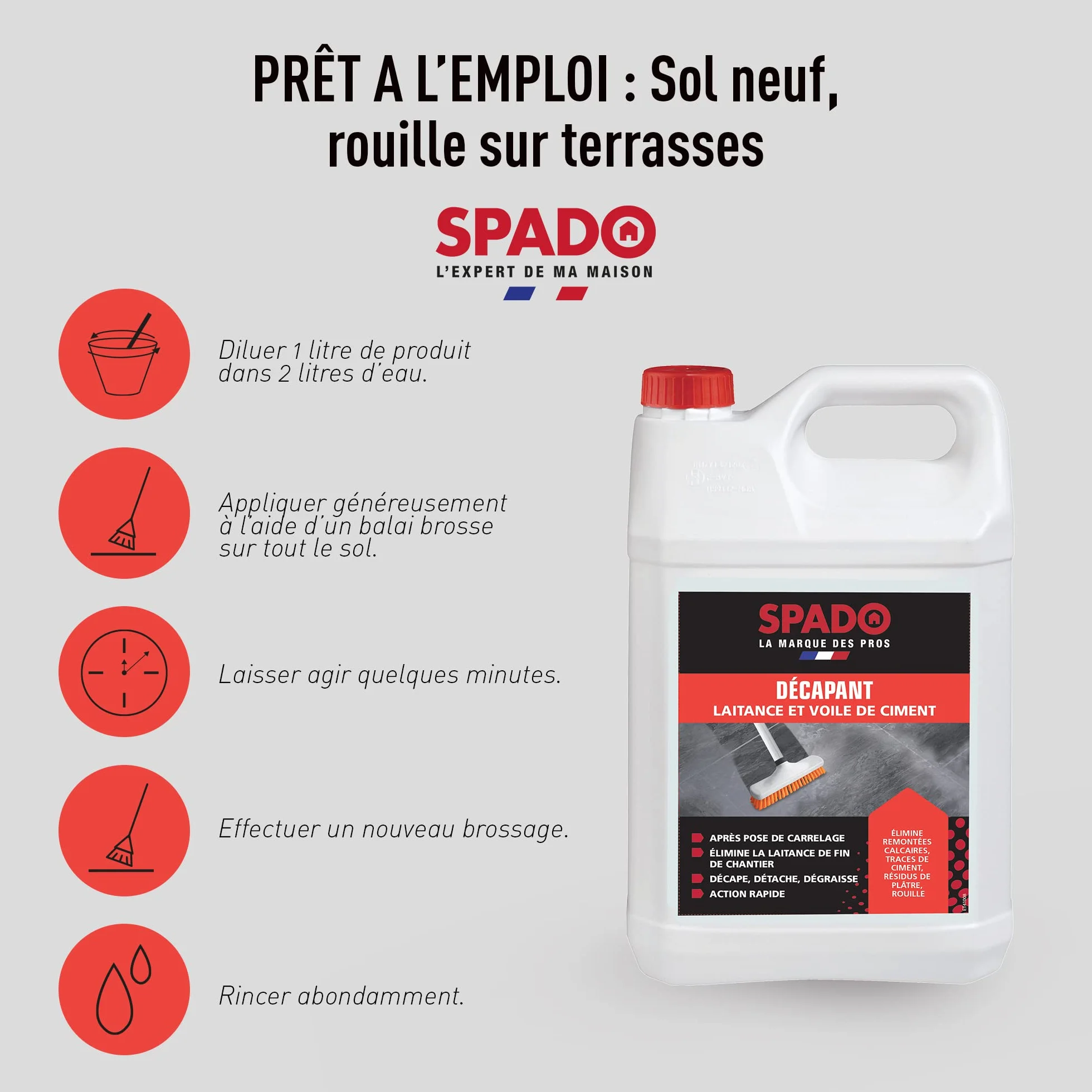 SPADO Décapant laitance et voile de ciment 5 L Fabriqué en France