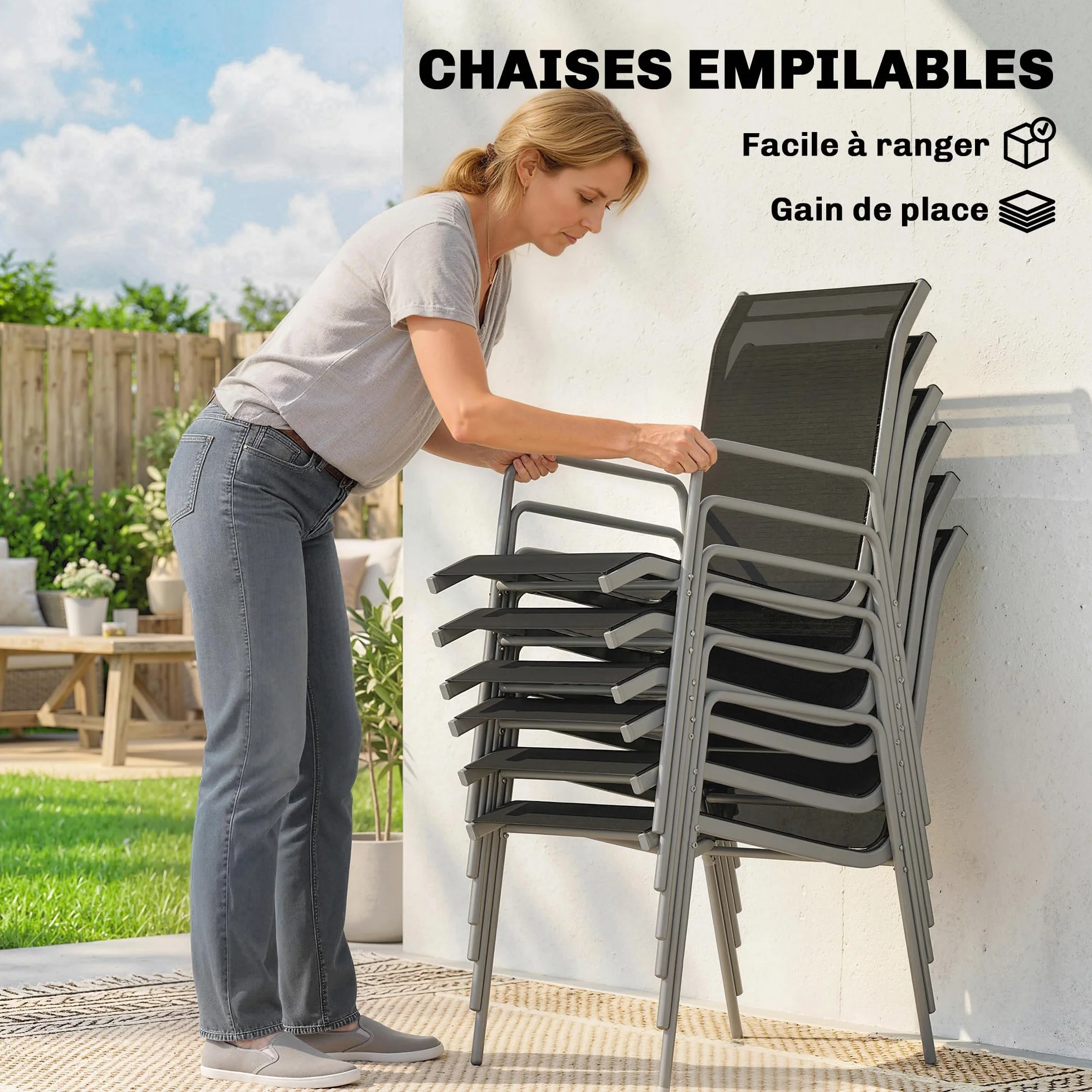 Outsunny Salon de Jardin 6 Personnes Table et Chaises Empilables Textilène Plateau Verre Trempé Argent