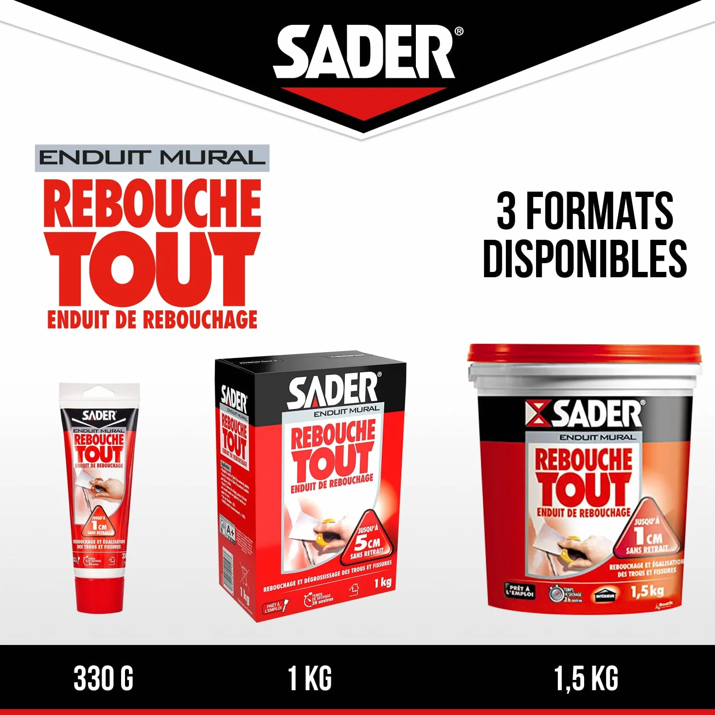 Sader Enduit de Rebouchage Intérieur Prêt à l’Emploi 1 cm 330 g
