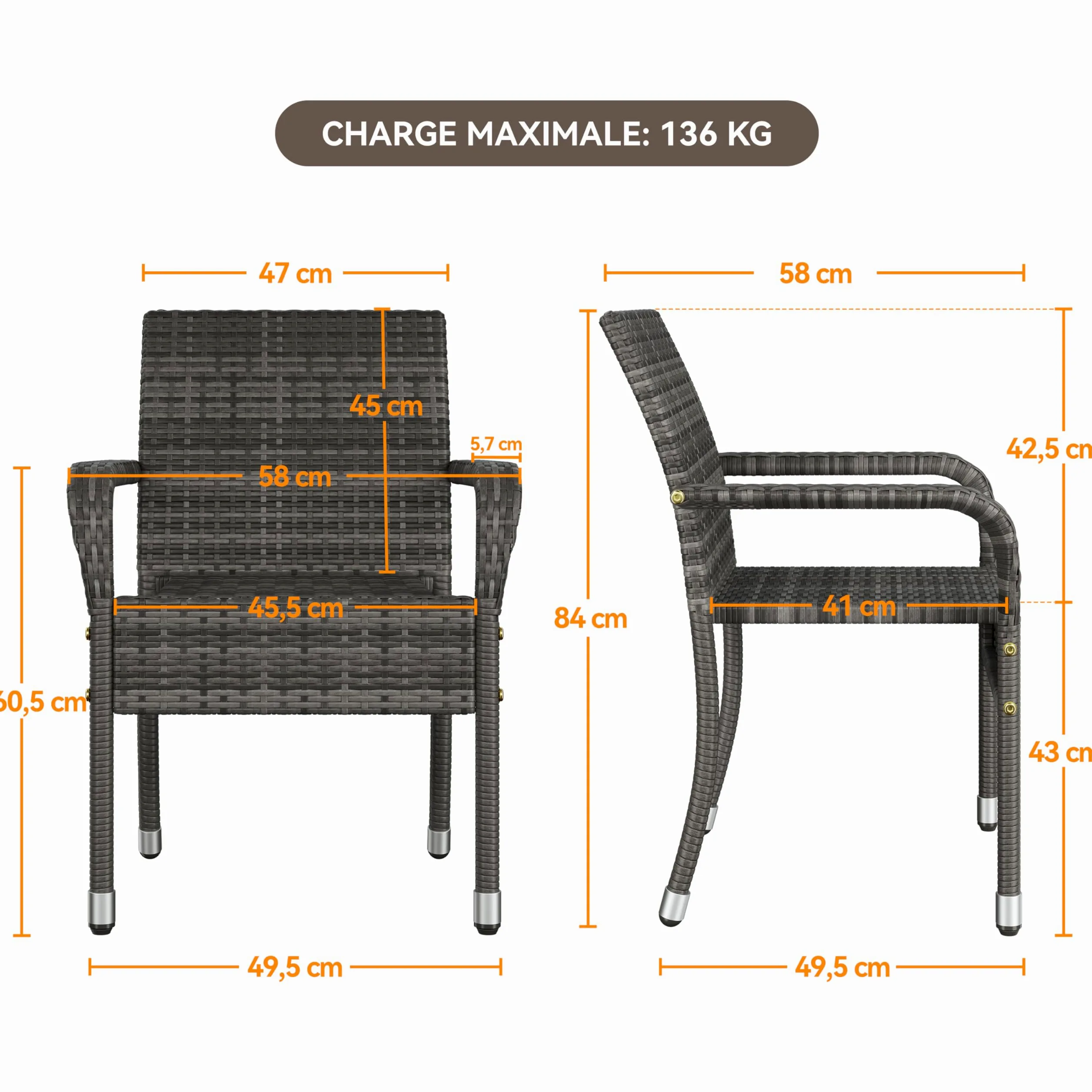 Abician Lot de 6 Chaises de Jardin en Rotin Synthétique Fauteuils Empilables d'Extérieur avec Accoudoirs Cadre en Métal Terrasse Véranda Balcon Salon Salle à Manger Gris