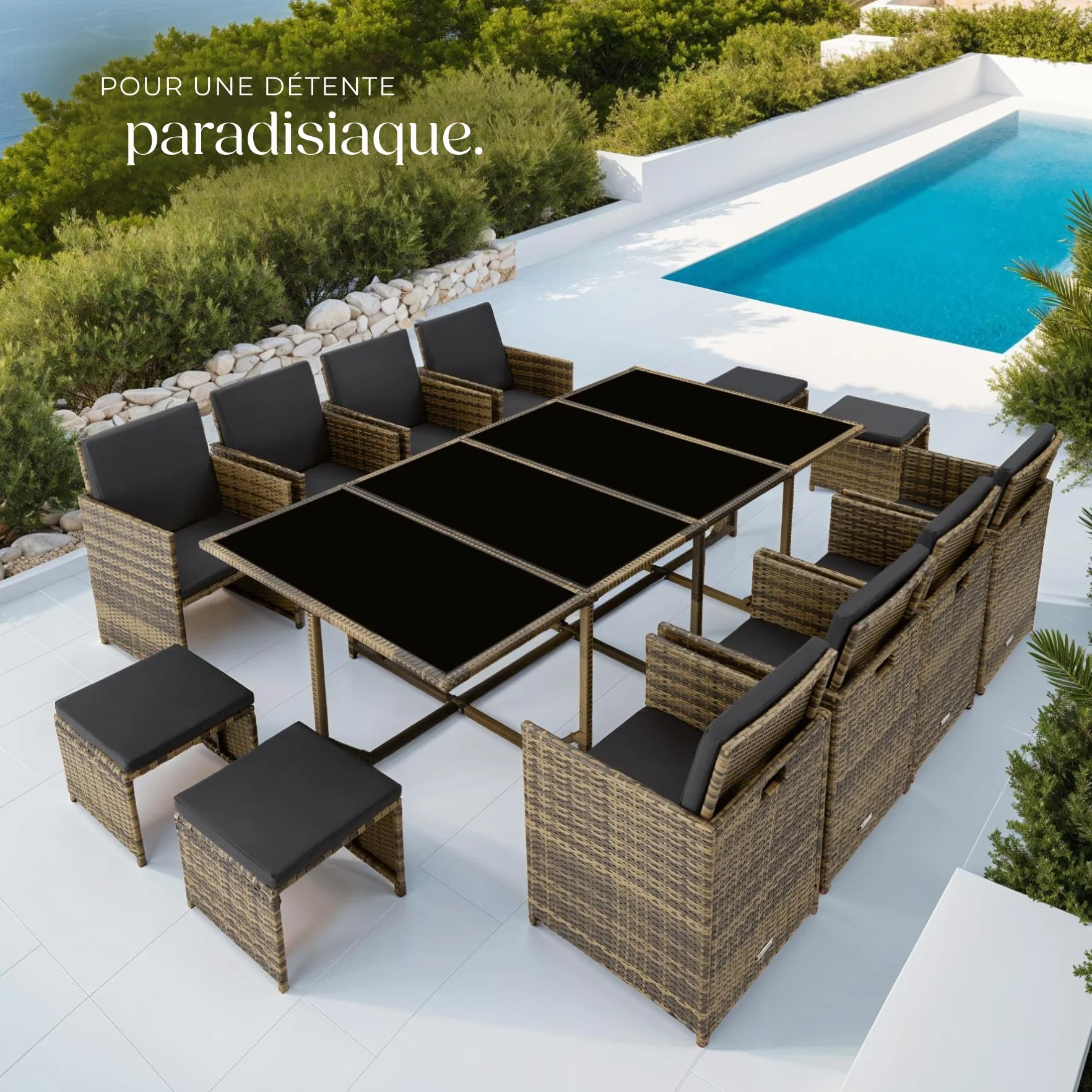 Tectake Salon en Résine Tressée Ensemble Repas Extérieur 8 Chaises 4 Tabourets 1 Table Marron Naturel Gris Foncé