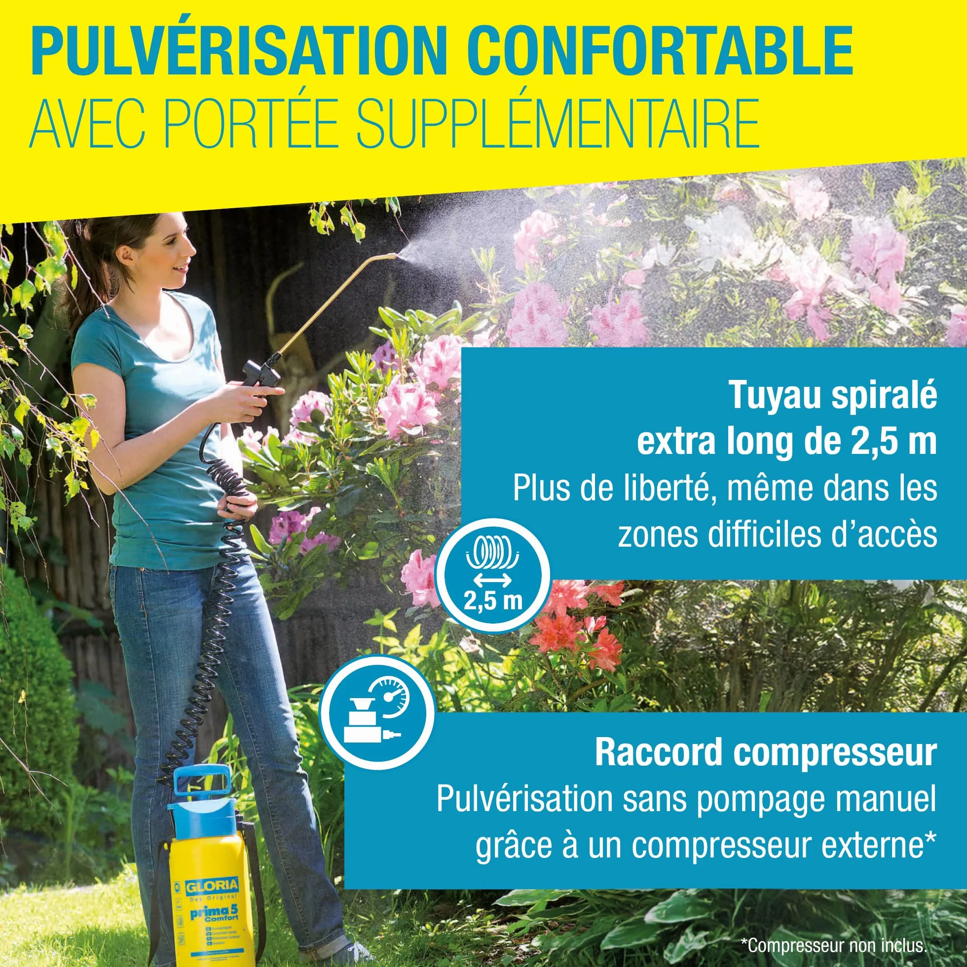 GLORIA Pulvérisateur de Jardin Prima 5 Comfort | Pulvérisateur à Pression 5 L | Tuyau spiralé 2,5 m & raccord compresseur | Désherbage, traitements & Engrais