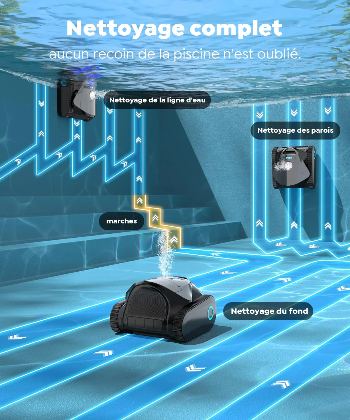 C1 Robot de Piscine Fond et Parois, Double Filtre, Robot Piscine sans Fil, 7 Modes Nettoyage, 170-180 Min d'Autonomie, Puissant Aspirateur pour Piscines jusqu'à 150 m², Gris mica