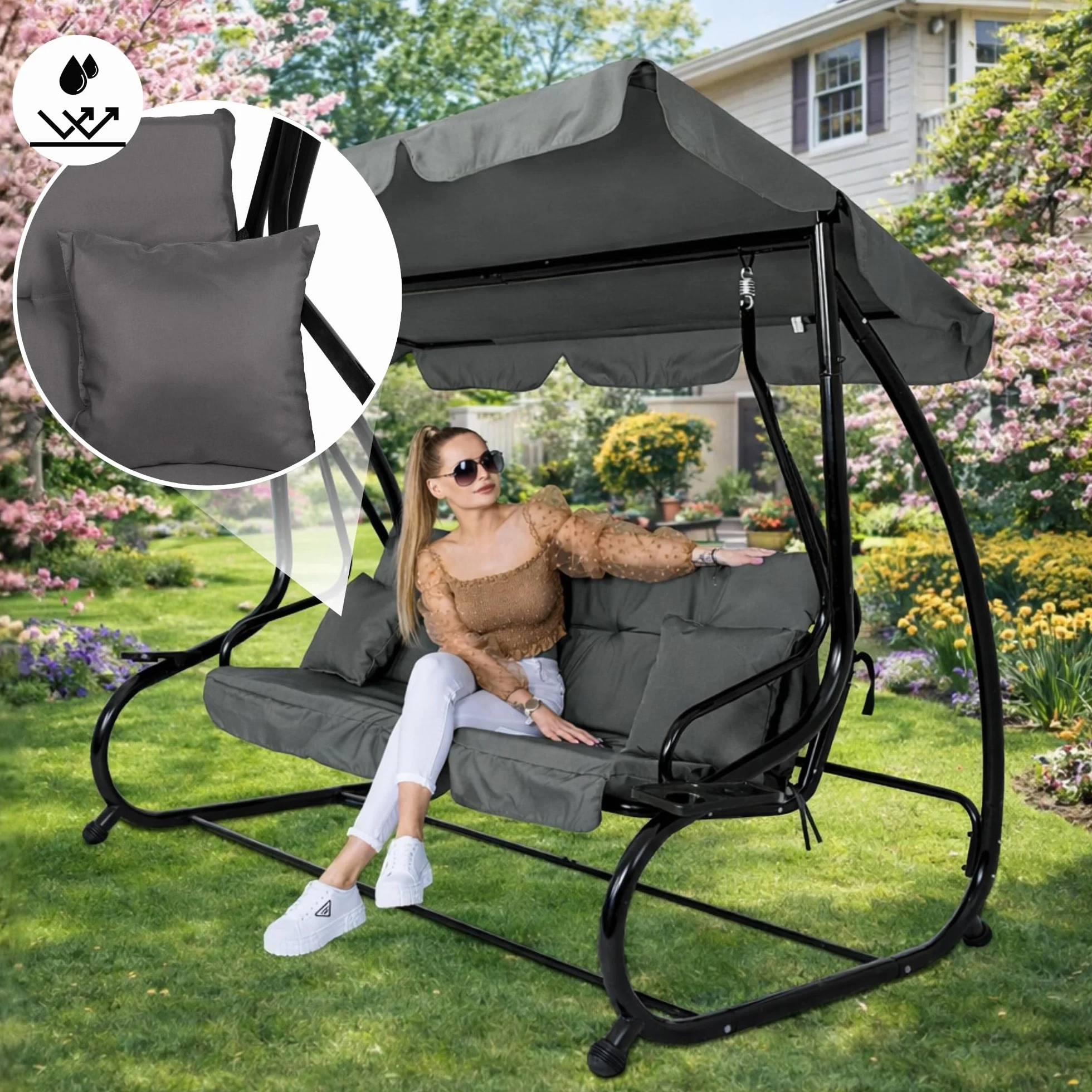 SPRINGOS Balancelle de Jardin 4 Places 220 x 162 cm avec 2 Coussins Porte-Gobelet Toit Réglable Balançoire Jardin Acier Gris