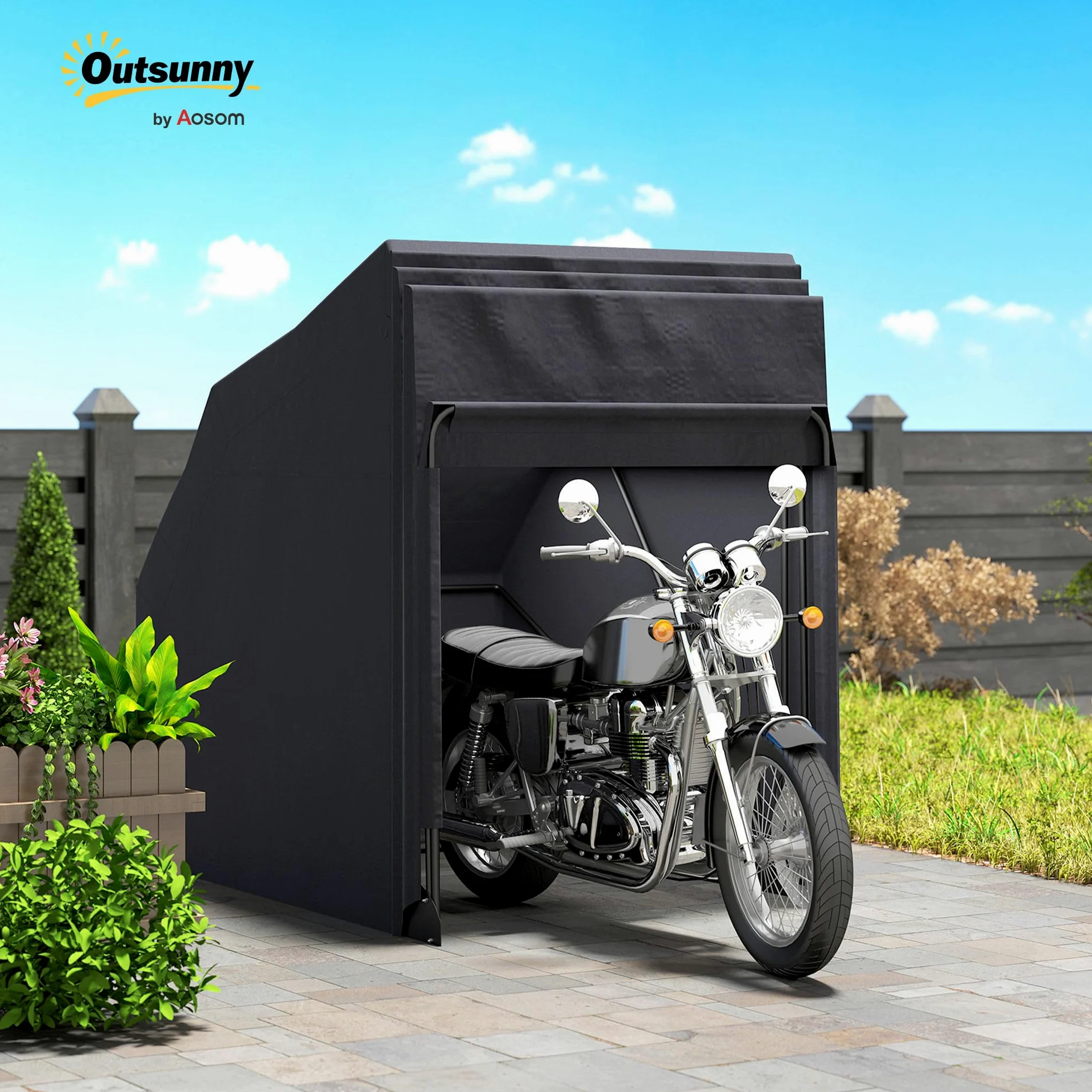 Outsunny Abri de Moto extérieur Tente à Moto Pliable de 345 x 135 x 191 cm avec Housse de Protection en Tissu Oxford, imperméable Anti-UV, 2 fenêtres enroulables, Rangement Garage extérieur, Noir